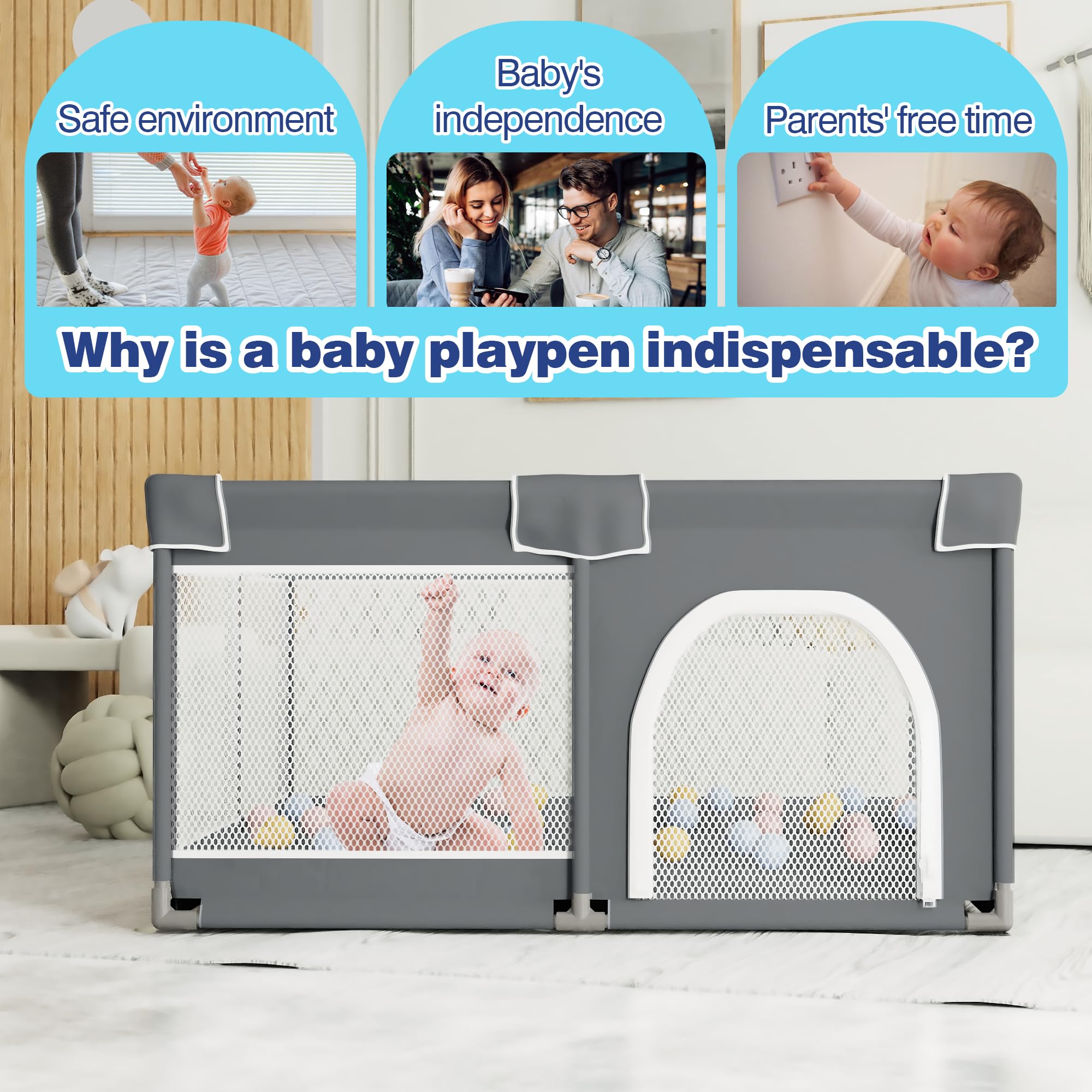 **Baby Playpen with Soft Mat - Large Playpen for Babies & Toddlers, Indoor & Outdoor Playard with Breathable Mesh & Sturdy Safety Gate - Perfect for Home, Nursery, Daycare & Travel (Grey)**