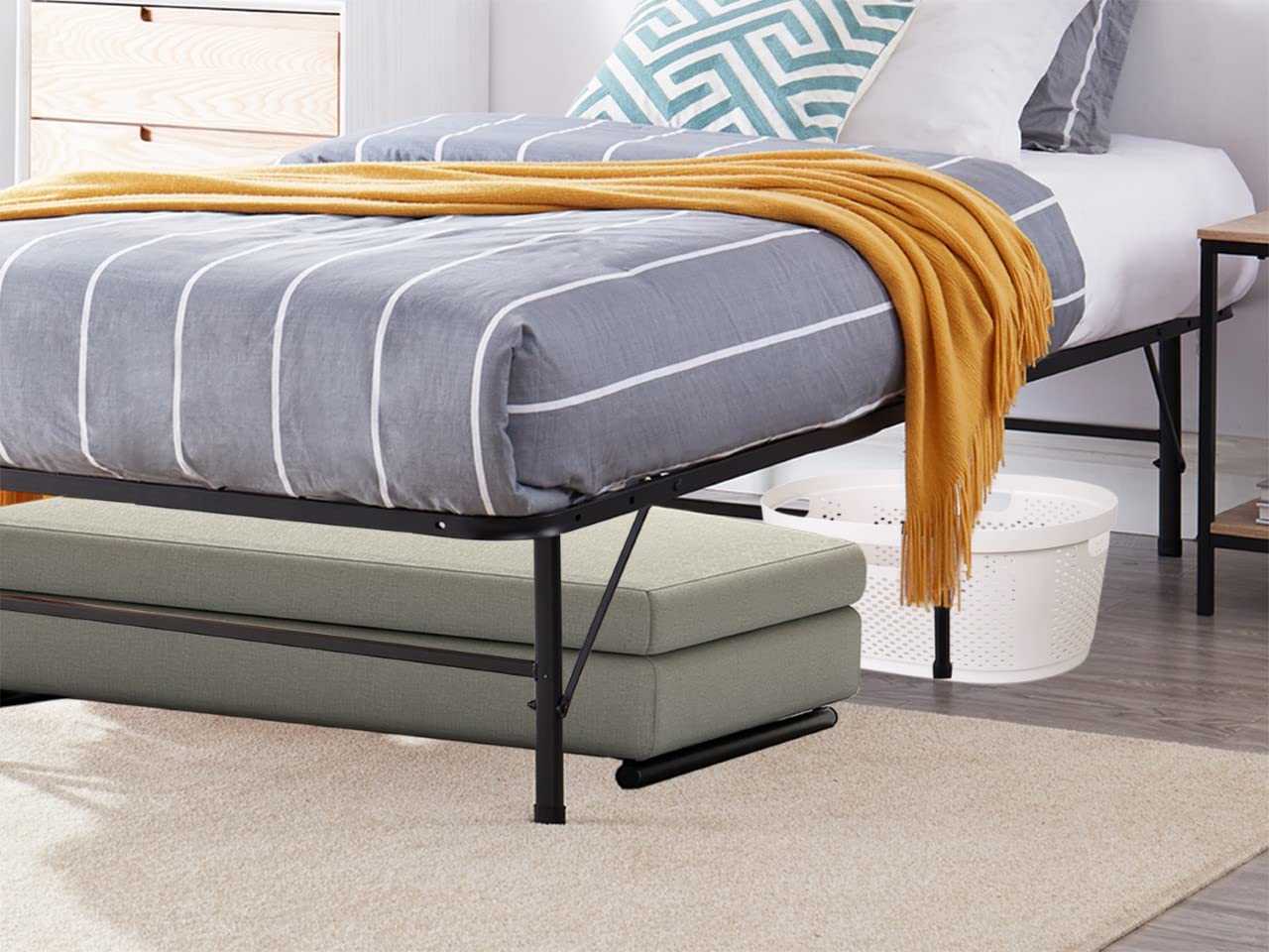 Tool-Free Assembly 14 Inch Heavy Duty Full Size Bed Frame - Foldable Steel Platform Bed with Metal Slats, 600lbs Capacity (Black) | Box Spring Replacement for Guest Rooms, Dorms & Small Spaces