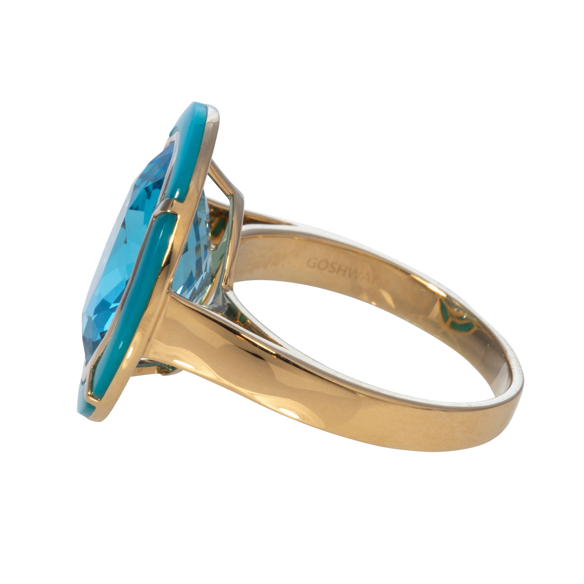 Goshwara Oval Blue Topaz & Turquoise Inlay 18K Gold Ring for Women - Elegant Statement Jewelry for Weddings, Parties & Special Occasions