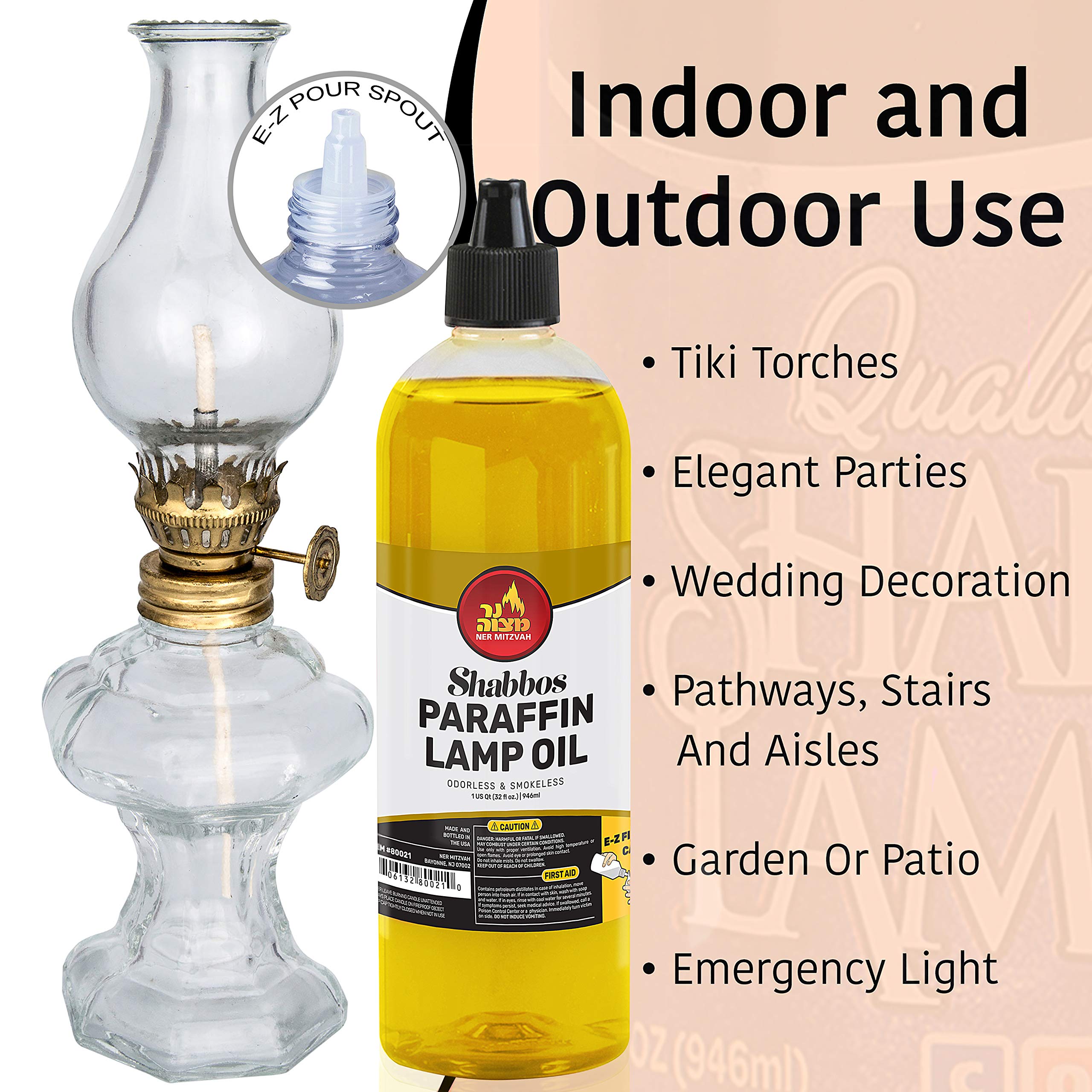 Premium Ner Mitzvah Paraffin Lamp Oil - 32oz Smokeless, Odorless Clean Burning Fuel for Indoor & Outdoor Use with Easy-Fill Cap & Spout - Perfect for Shabbat Candles, Emergency Lighting, Camping & Home Decor