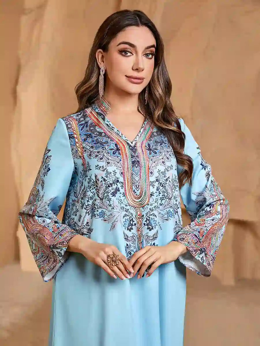 Elegant Printed Eid Dress - Flowy Caftan Kaftan Jalabiya for Women - Islamic Holiday Outfit #254288 | Perfect for Eid Celebrations, Weddings & Special Occasions