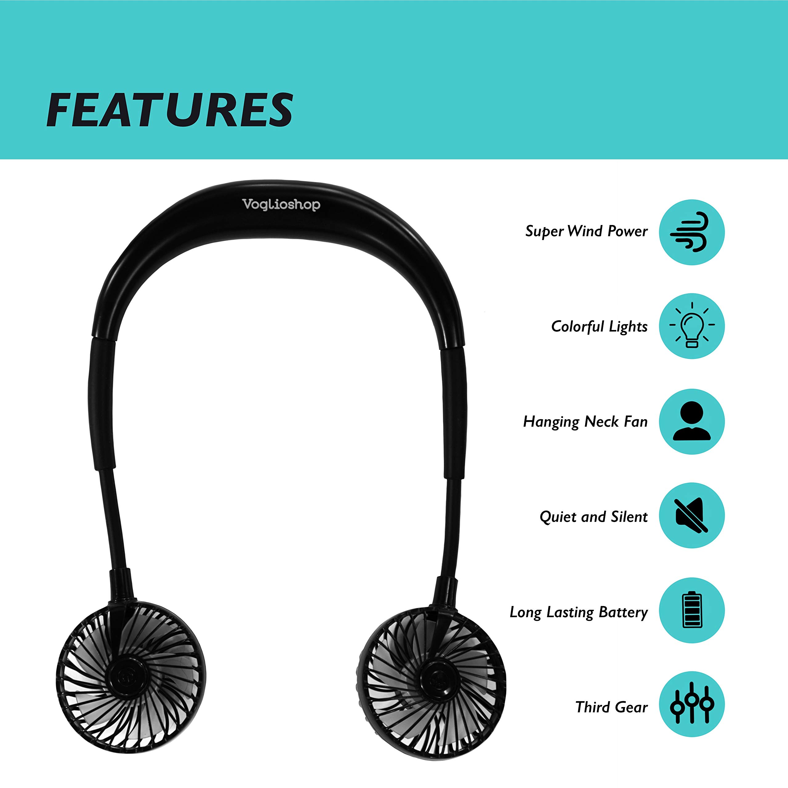 Portable Neck Fan with LED Lights - USB Rechargeable Personal Cooling Fan, 3 Speed Settings, Long-Lasting Battery - Perfect for Outdoor Activities, Gym, Office & Mask Wearers