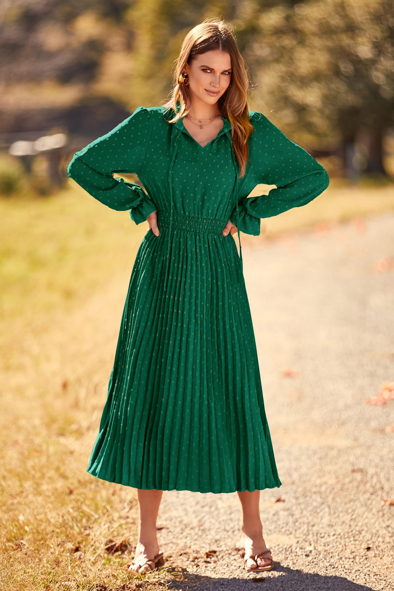 PRETTYGARDEN Women's 2025 Spring Fall Midi Dress - Casual Long Sleeve V-Neck Swiss Dot Pleated A-Line Flowy Dress for Work, Date Night & Special Occasions