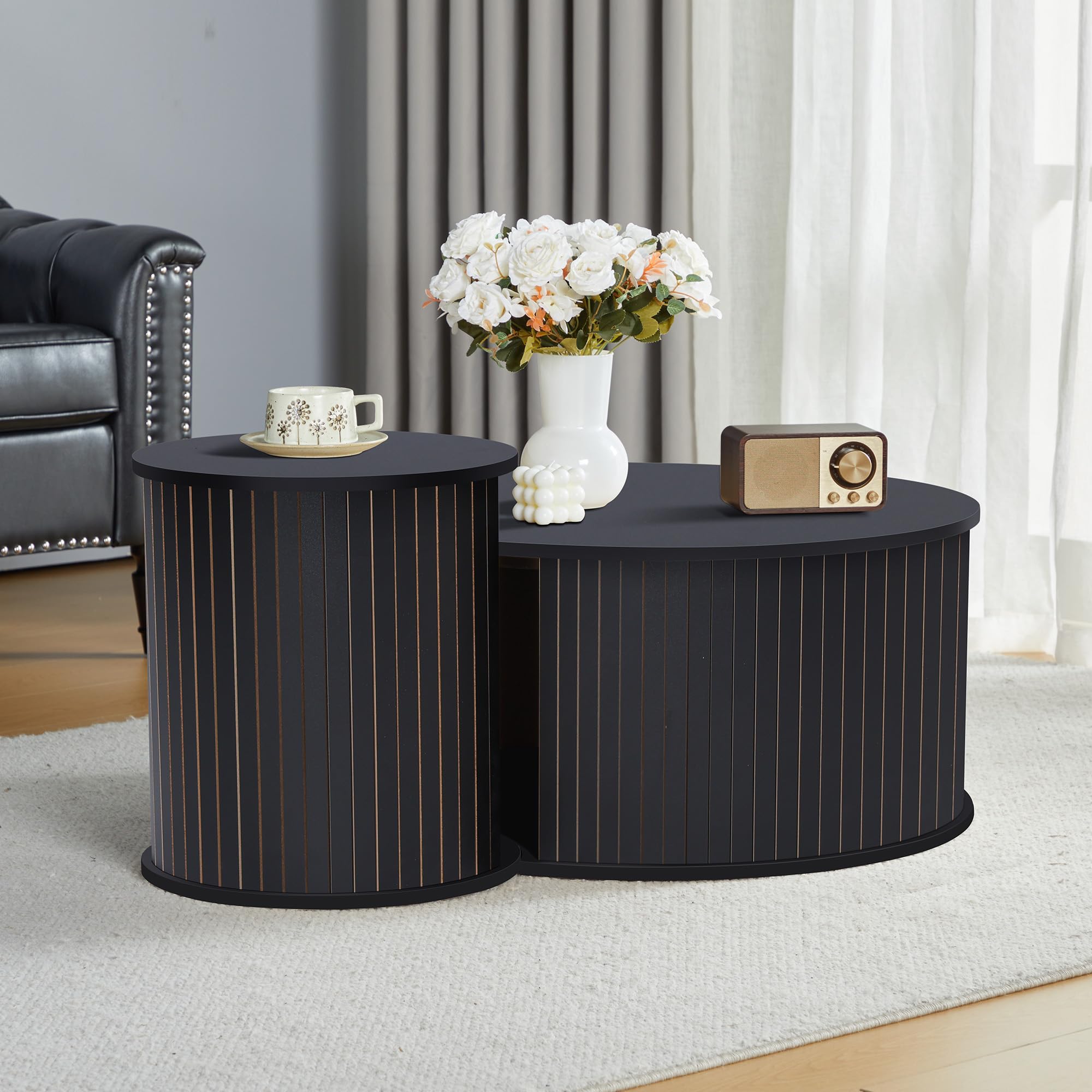 **Round Wooden Nesting Coffee Table Set of 2 - Modern Circle Side Tables for Living Room, Office & Balcony - Space-Saving Black End Tables (Perfect for Small Spaces & Home Decor)**