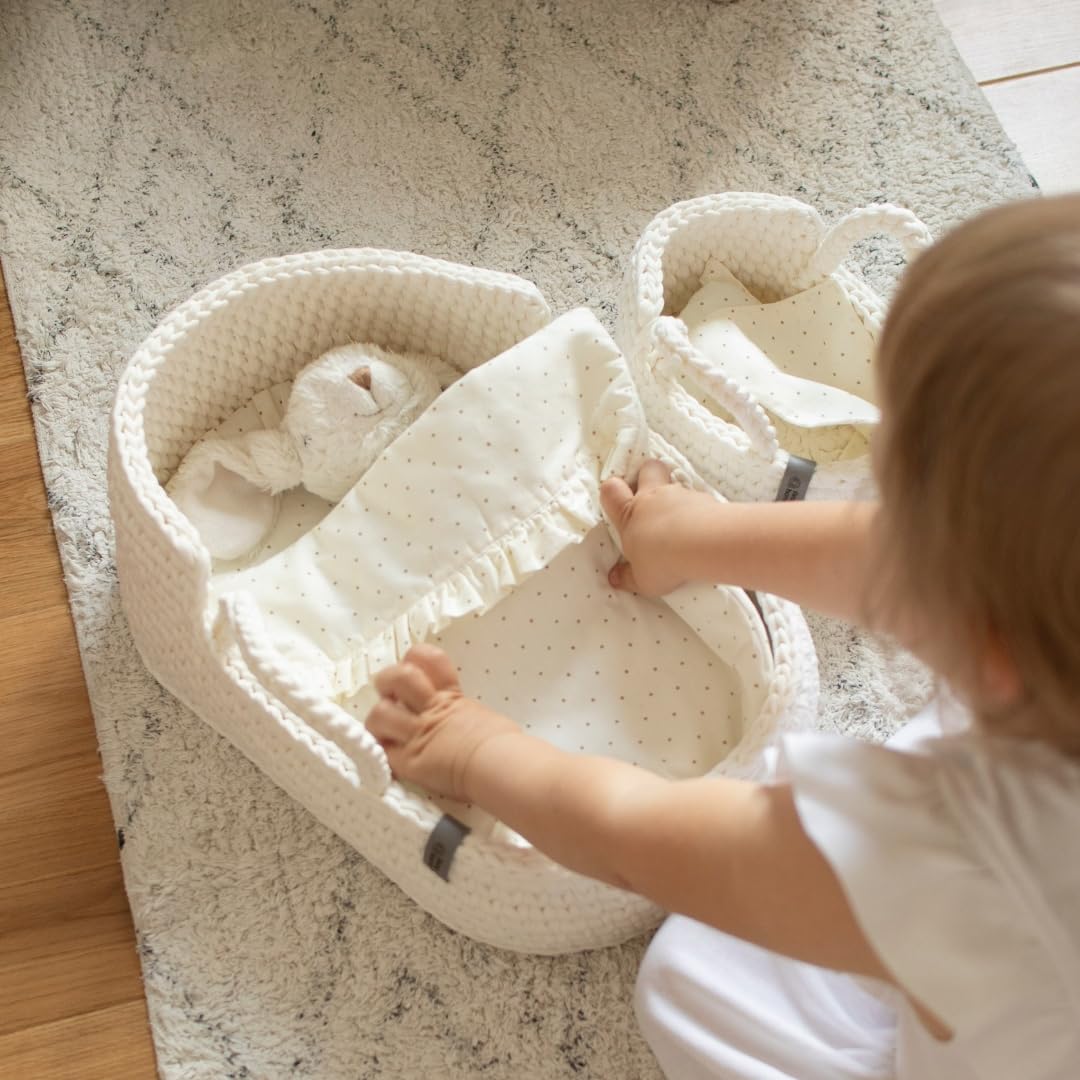 Boho Doll Crib with Rocking Stand - White Doll Bassinet with Bedding Set | Baby Doll Cradle for Pretend Play | Perfect Birthday Gift for Girls | Nursery Decor & Imaginative Play Scenes