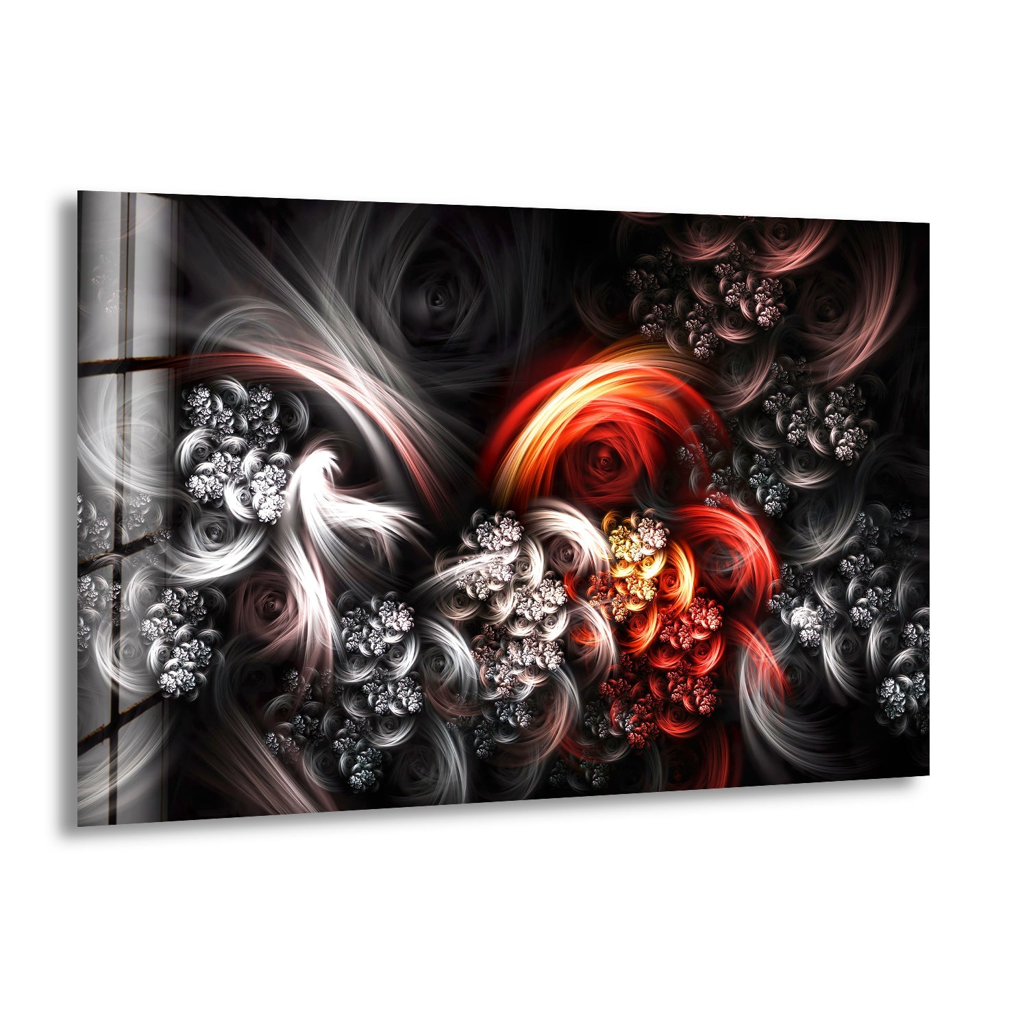 Modern Black and Red Fractal Glass Wall Art - Handmade Abstract Home Decor for Living Room, Bedroom & Office - Unique Contemporary Wall Hanging for Interior Design