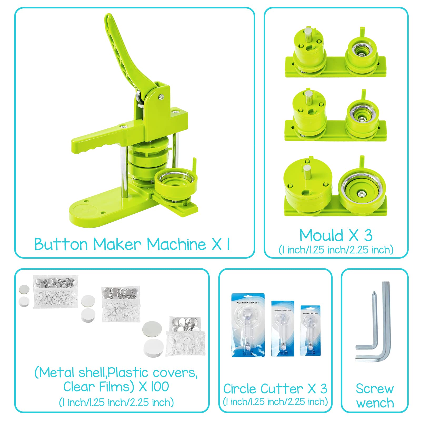 1''+1.25''+2.25'' Button Maker Machine with Circle Cutter - DIY Badge Pin Press Kit for Custom Buttons (Green) - Perfect for Crafts, Events & Promotions