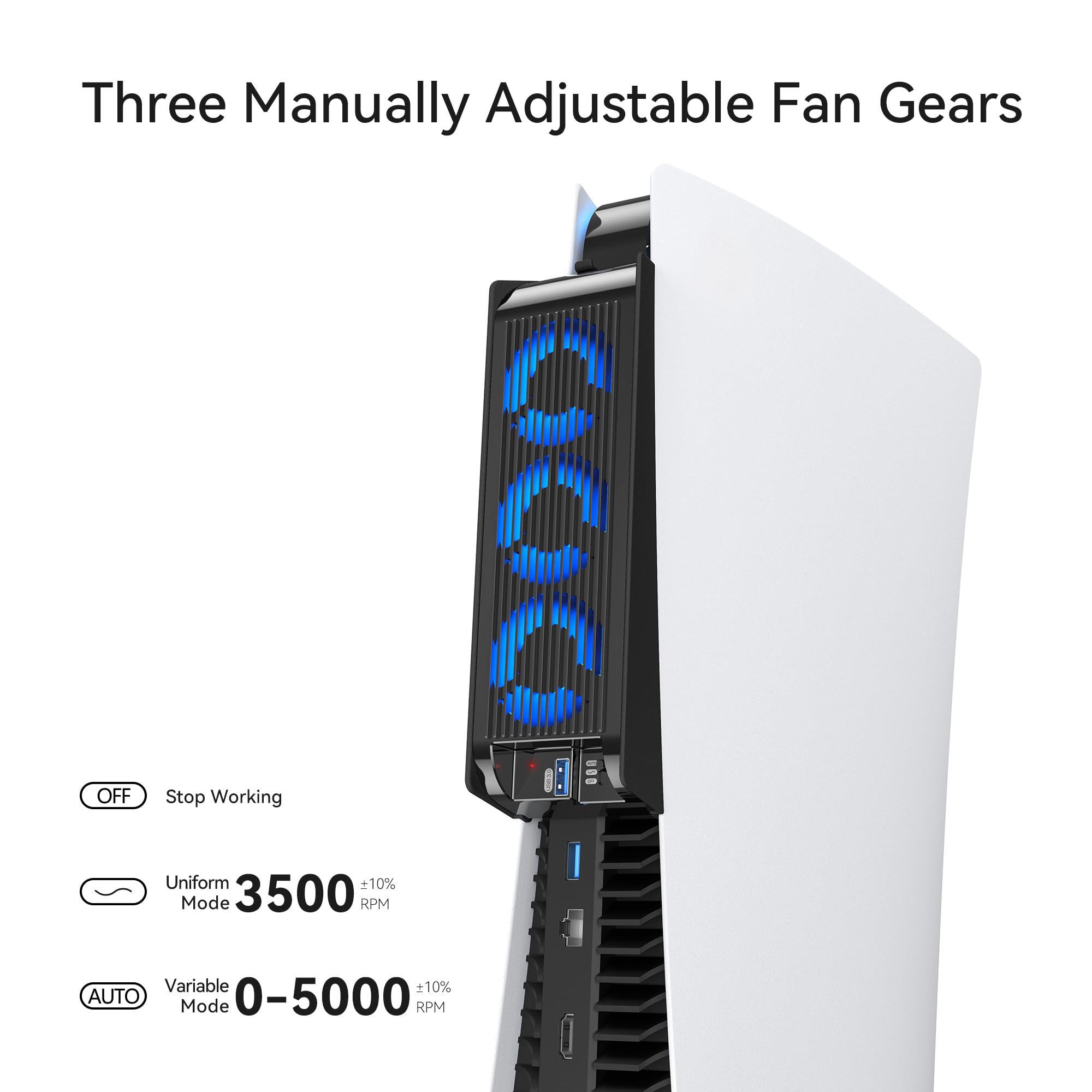 KIWIHOME PS5 Cooling Fan with LED Lights, Auto Speed Control & USB 3.0 Hub - Compatible with Original PS5 Disc/Digital Edition (Not for PS5 Slim/Pro) - Black | Gaming Accessories for Enhanced Console Performance & Heat Dissipation