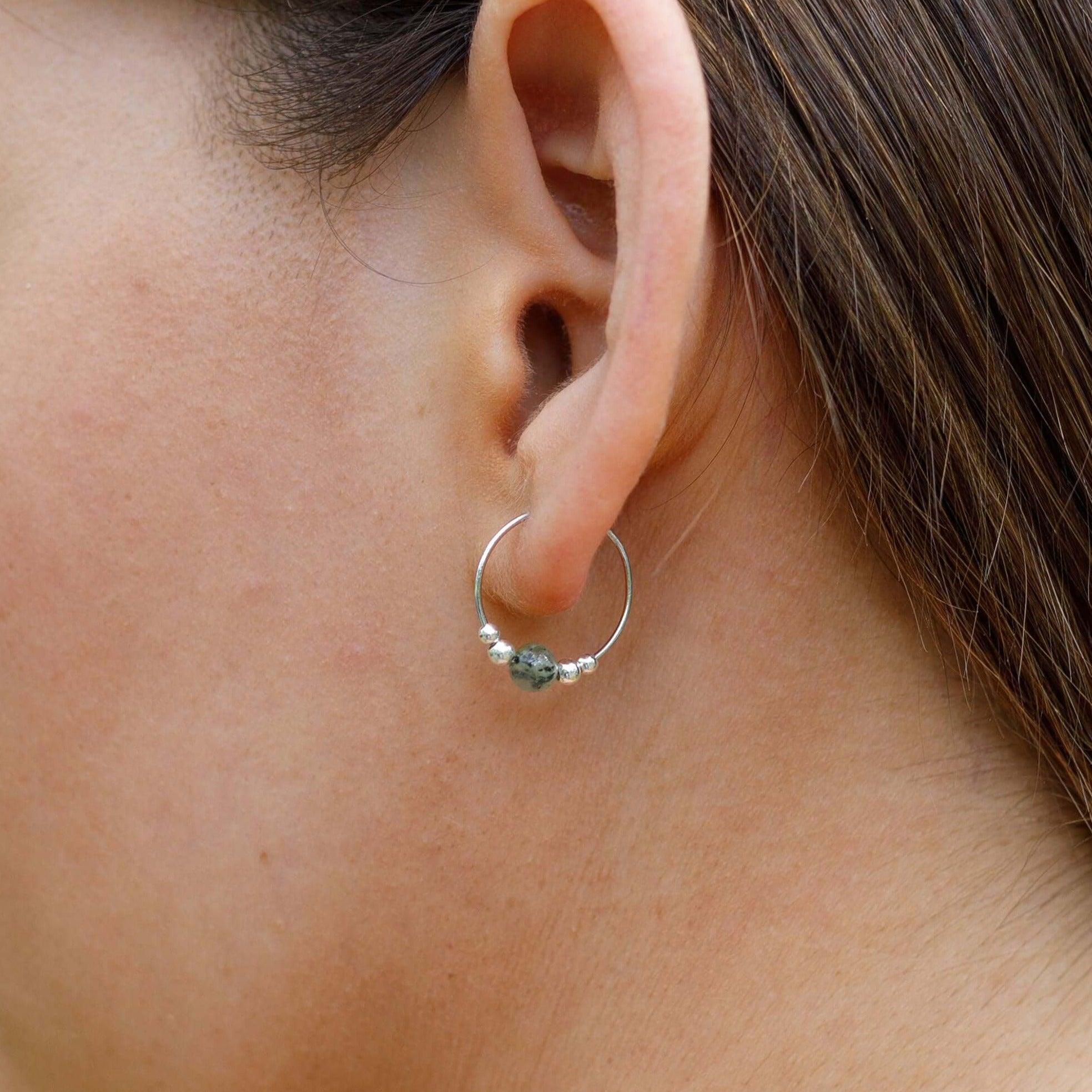Tiny Prehnite Gemstone Bead Hoop Earrings - Dainty Green Stone Jewelry for Women | Perfect for Everyday Wear, Office & Special Occasions