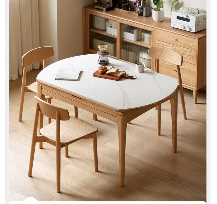 Solid Oak Round Folding Dining Table with Natural Stone Slab Top - Perfect for Small Spaces, Outdoor Dining & Home Decor