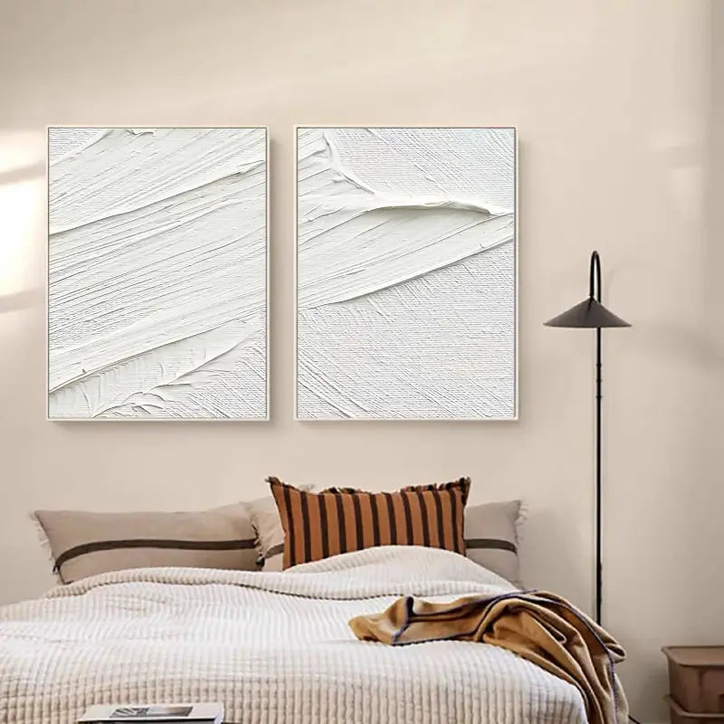 Minimalist White Textured Canvas Paintings - Set of 2 Modern Abstract Wall Art for Living Room & Bedroom Decor #MM052