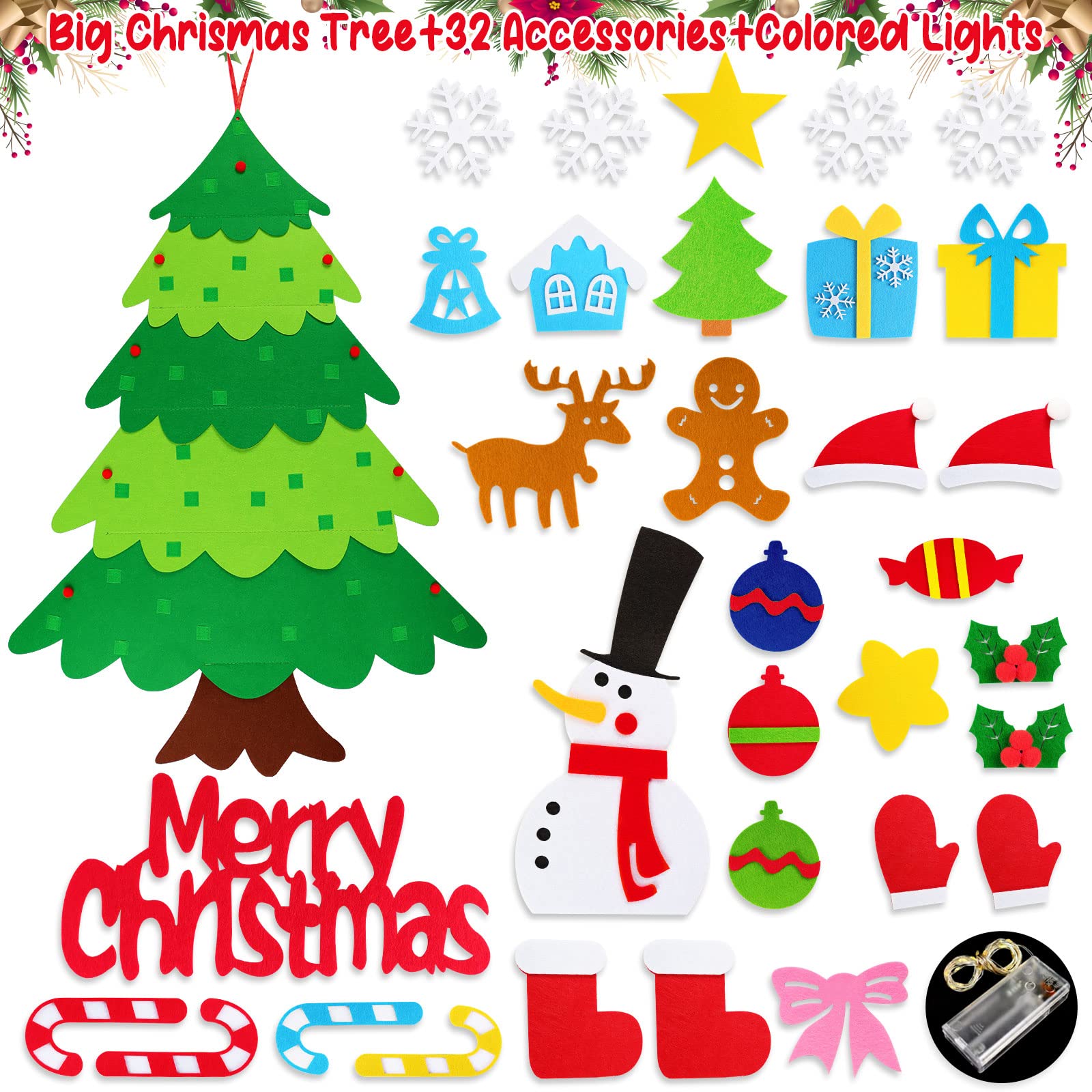 DIY Felt Christmas Tree Wall Hanging with LED String Lights & 32 Detachable Ornaments - Holiday Home Decor for Parties, Living Room, Bedroom & Nursery Decorations