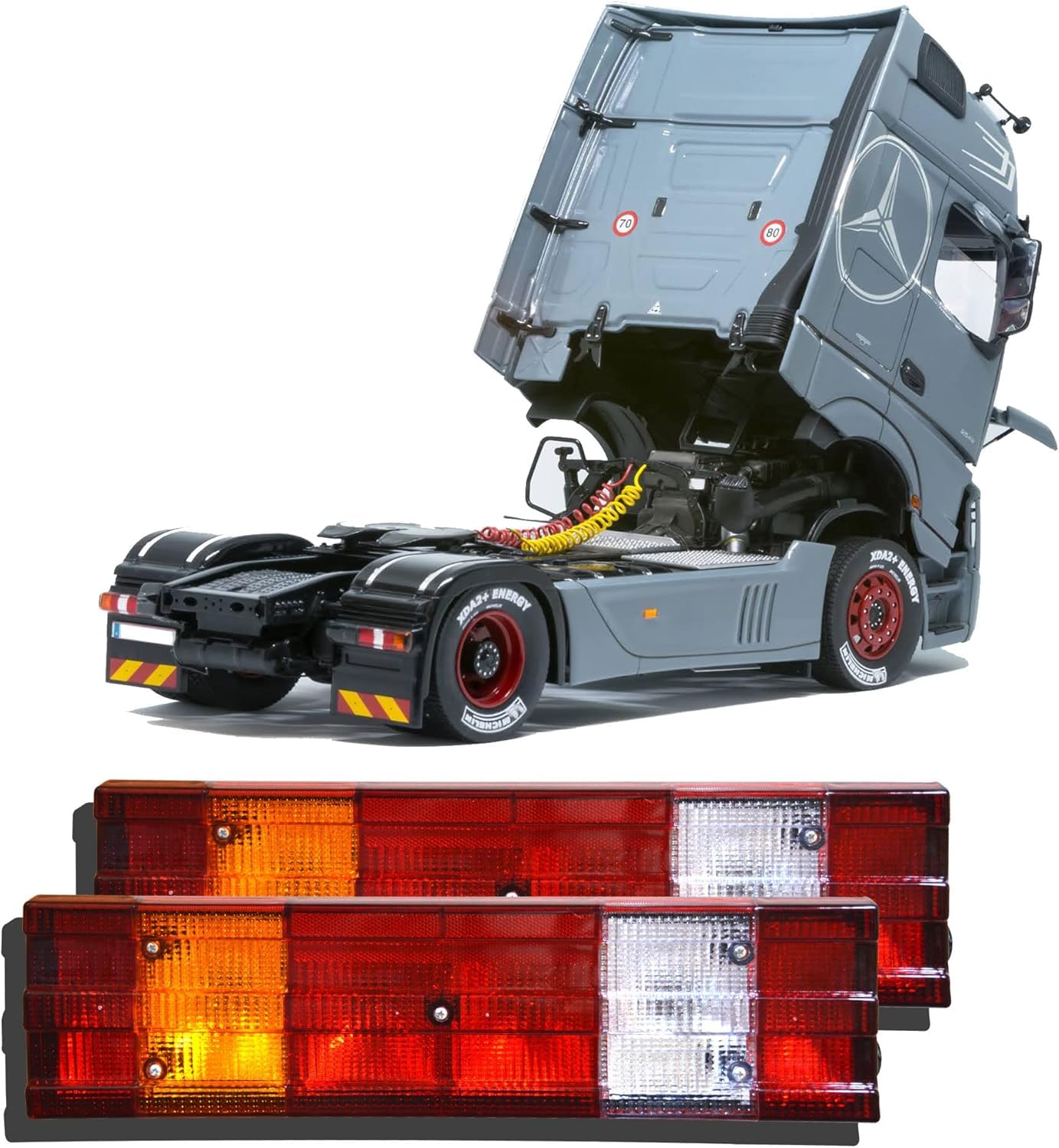 Mercedes Actros MP2 MP3 Atego Axor Tail Lights - 2-Piece Rear Combination Brake Light Assembly with Socket (2002-2013) | Durable Replacement for Truck & Semi-Trailer Night Driving & Safety Lighting