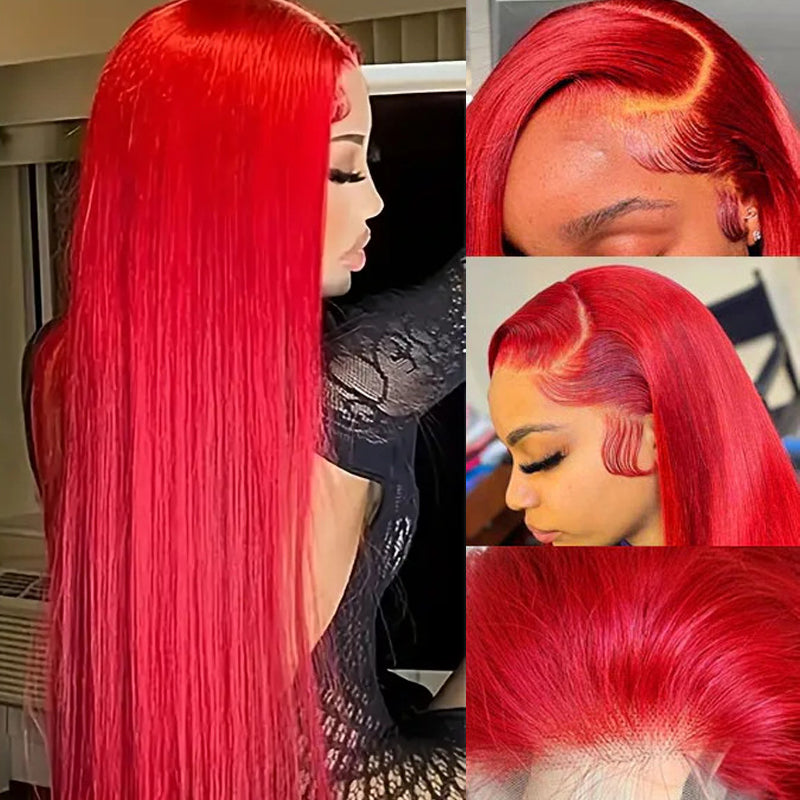 Eullair Nicki Minaj Inspired Red Straight/Body/Deep Wave Human Hair Lace Frontal Wig for Women with Pre-Plucked Hairline - Perfect for Cosplay, Parties & Daily Wear