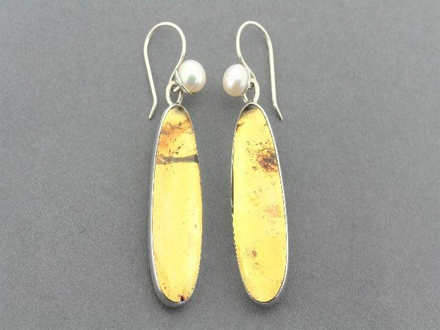 Long Amber & Pearl Earrings Sterling Silver - Elegant Dangle Earrings for Women, Perfect for Weddings, Parties & Special Occasions