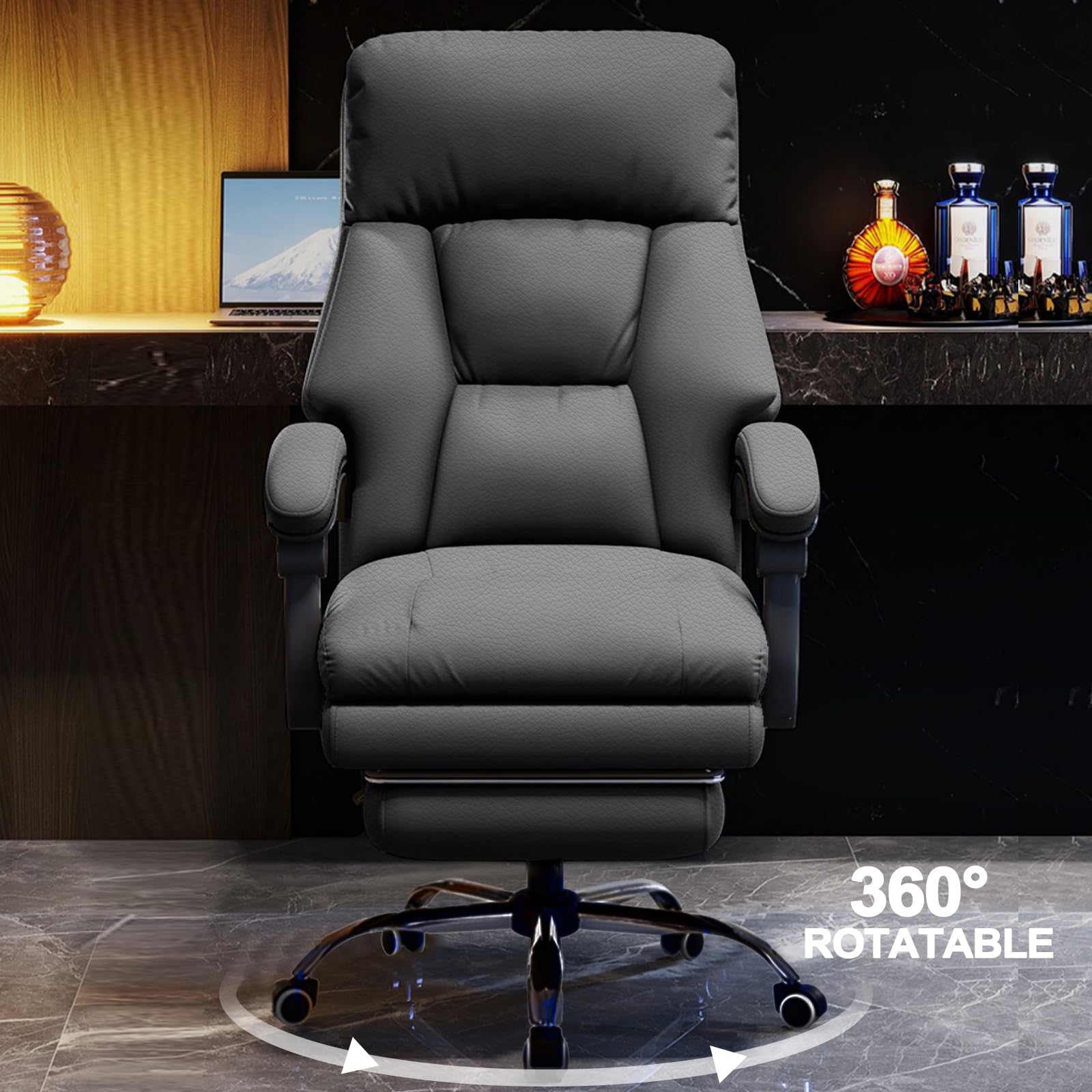 Premium Executive Office Chair with Adjustable Footrest - High Back Ergonomic Computer & Gaming Chair - PU Leather Home Office Desk Chair for Big and Tall - Grey - Perfect for Long Work Hours & Gaming Sessions