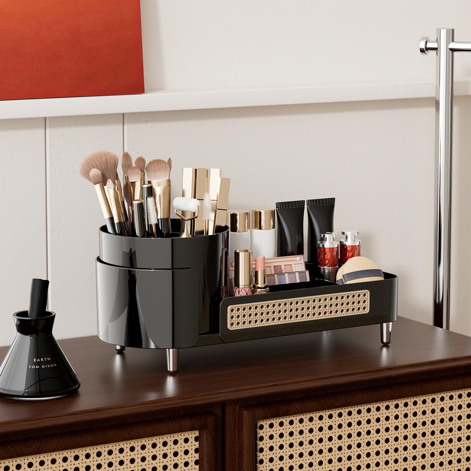 Rotating Makeup Organizer with Large Capacity - 2-in-1 Cosmetic Storage for Vanity & Bathroom | Black Makeup Display Case for Countertop - Perfect for Organizing Lipsticks, Brushes & Skincare Products