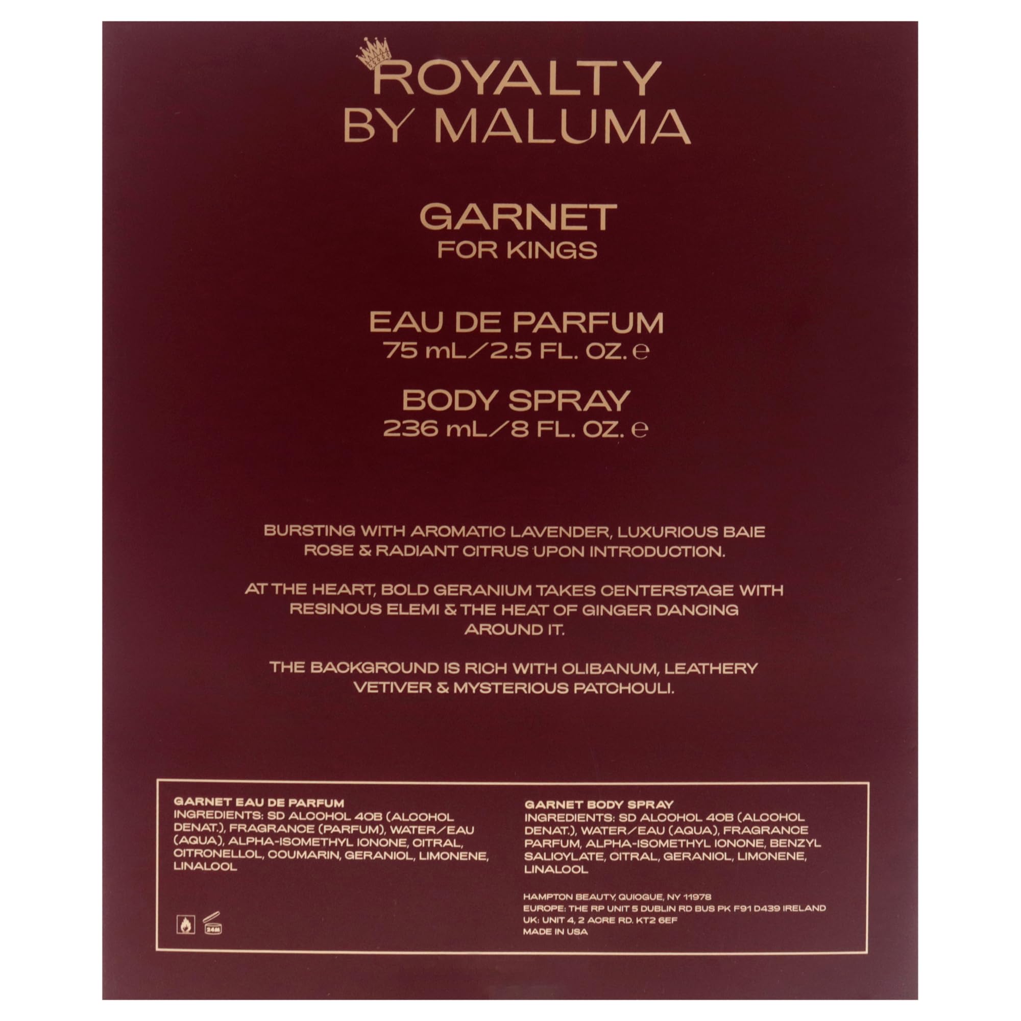 Garnet by Royalty By Maluma for Men - 2 Piece Gift Set (2.5oz EDP Spray + 8oz Body Spray) | Cologne & Fragrance Gift for Him | Date Night, Special Occasions