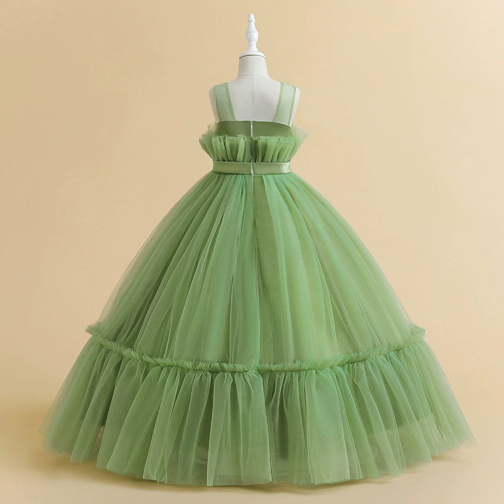Green Princess Round Floor Length Tulle Flower Girl Dress - Perfect for Weddings, Baptisms & Special Occasions
