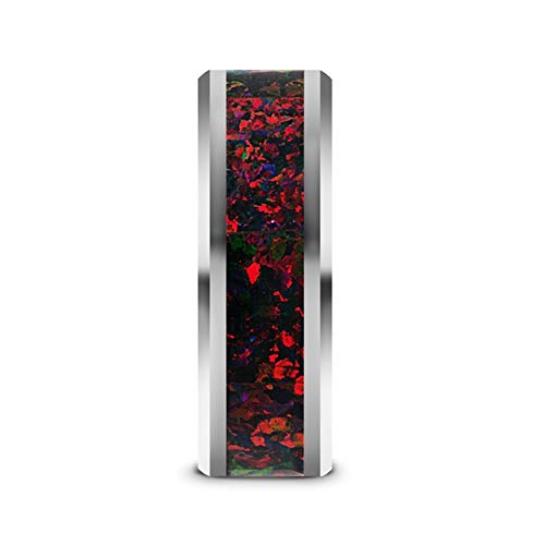 Tungsten Carbide Black Opal Inlay Men's Wedding Band - 8mm Wide Beveled Edge Ring with Custom Engraving - Perfect for Anniversary, Engagement & Formal Occasions