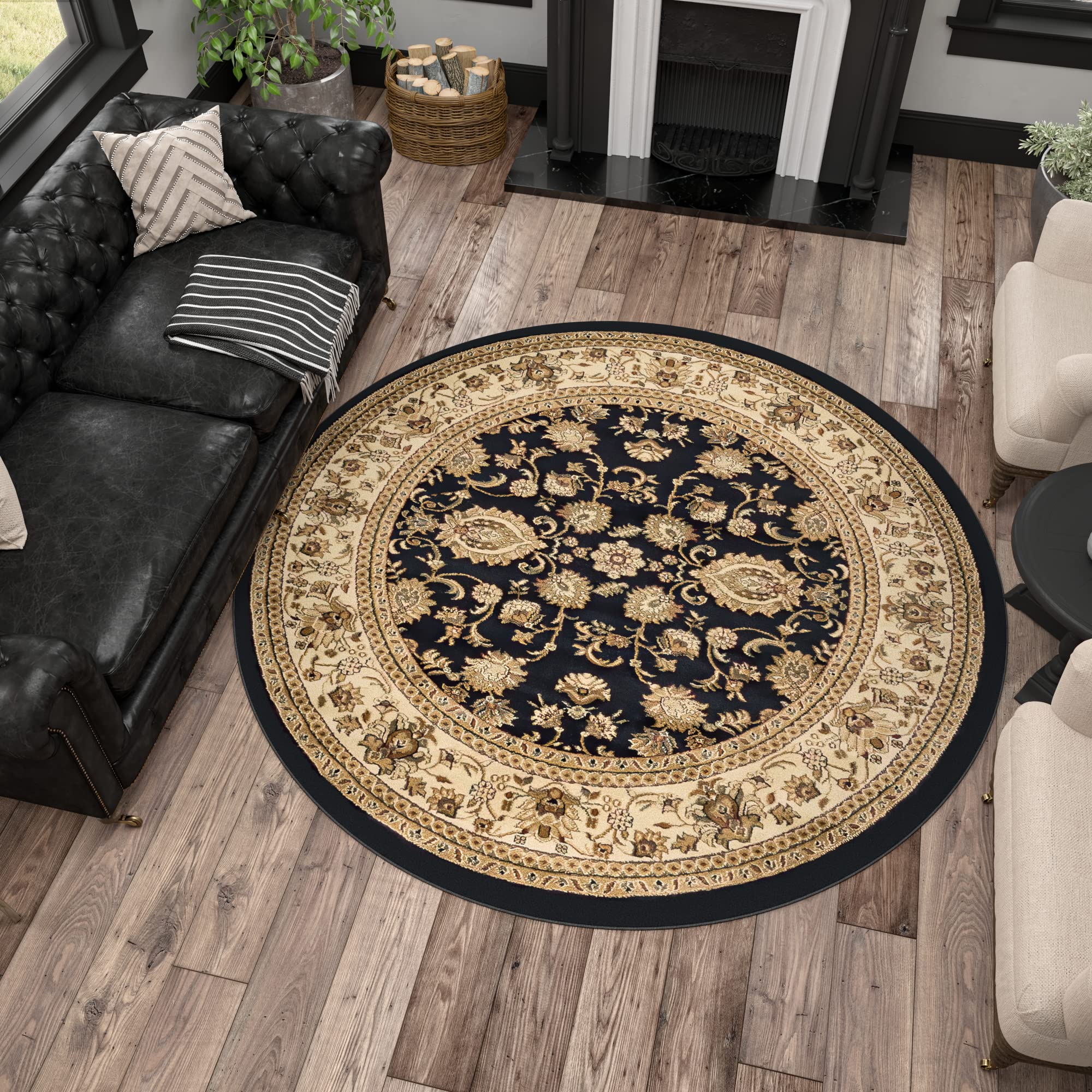 8ft Round Indoor Area Rug for Living Room, Dining Room, Bedroom, Entryway - Traditional Oriental Black Carpet (7'11