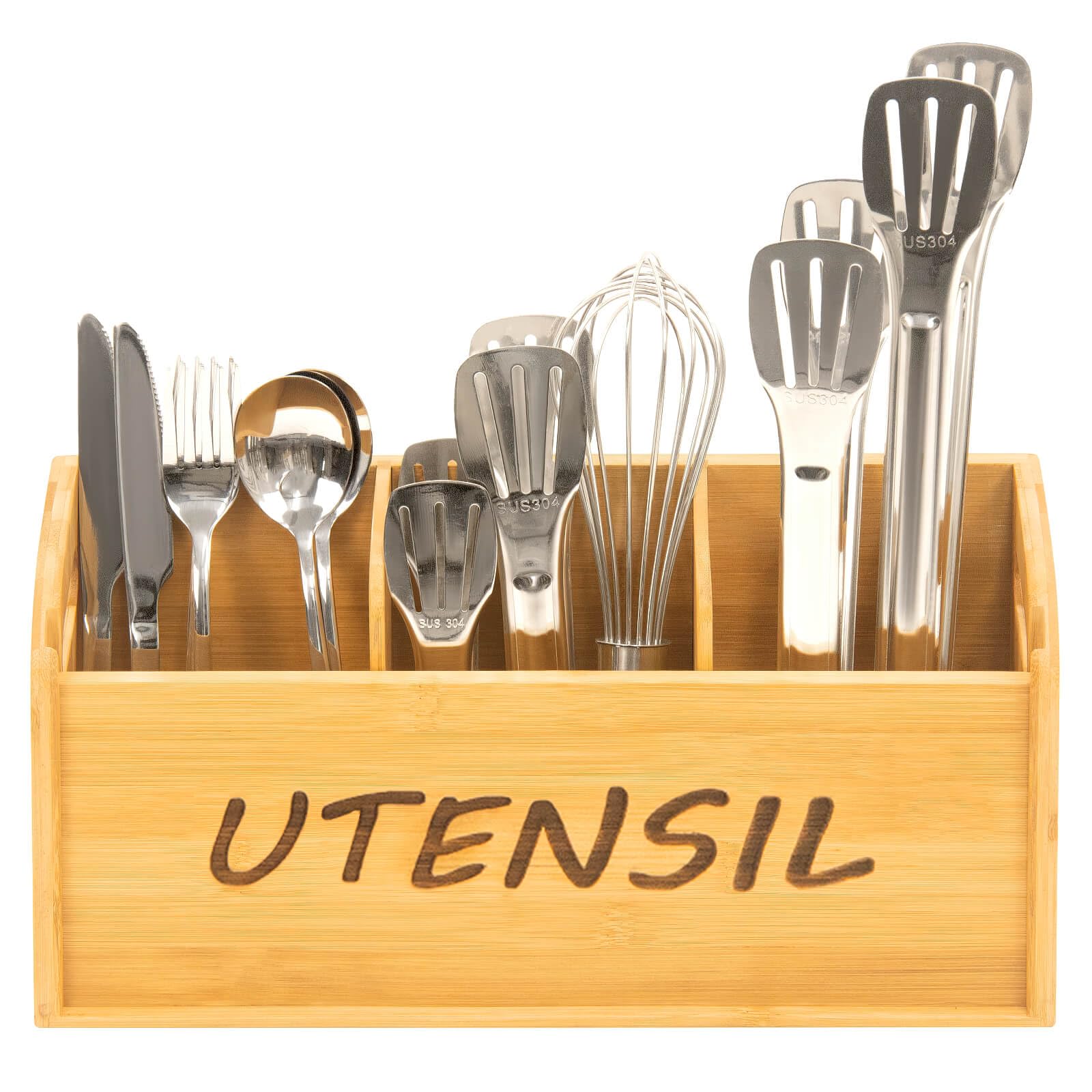 Bamboo Kitchen Utensil Holder - 3 Compartment Countertop Organizer for Cooking Tools