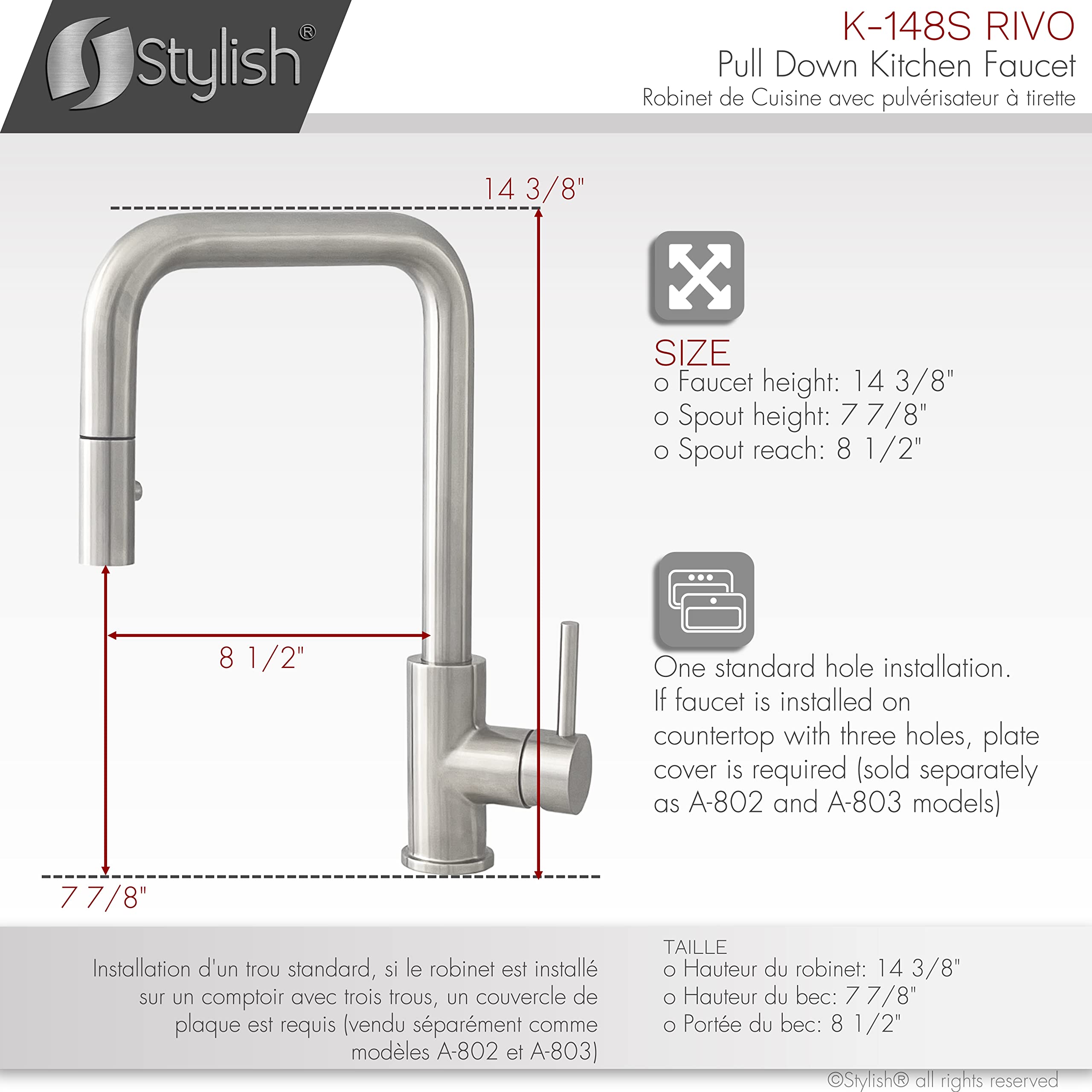 Stylish Single Handle Pull Down Kitchen Faucet with Dual Function Sprayer - Brushed Stainless Steel Finish, Ceramic Cartridge & Aerator - Perfect for Modern Farmhouse & Contemporary Kitchen Renovations (Model K-148S)