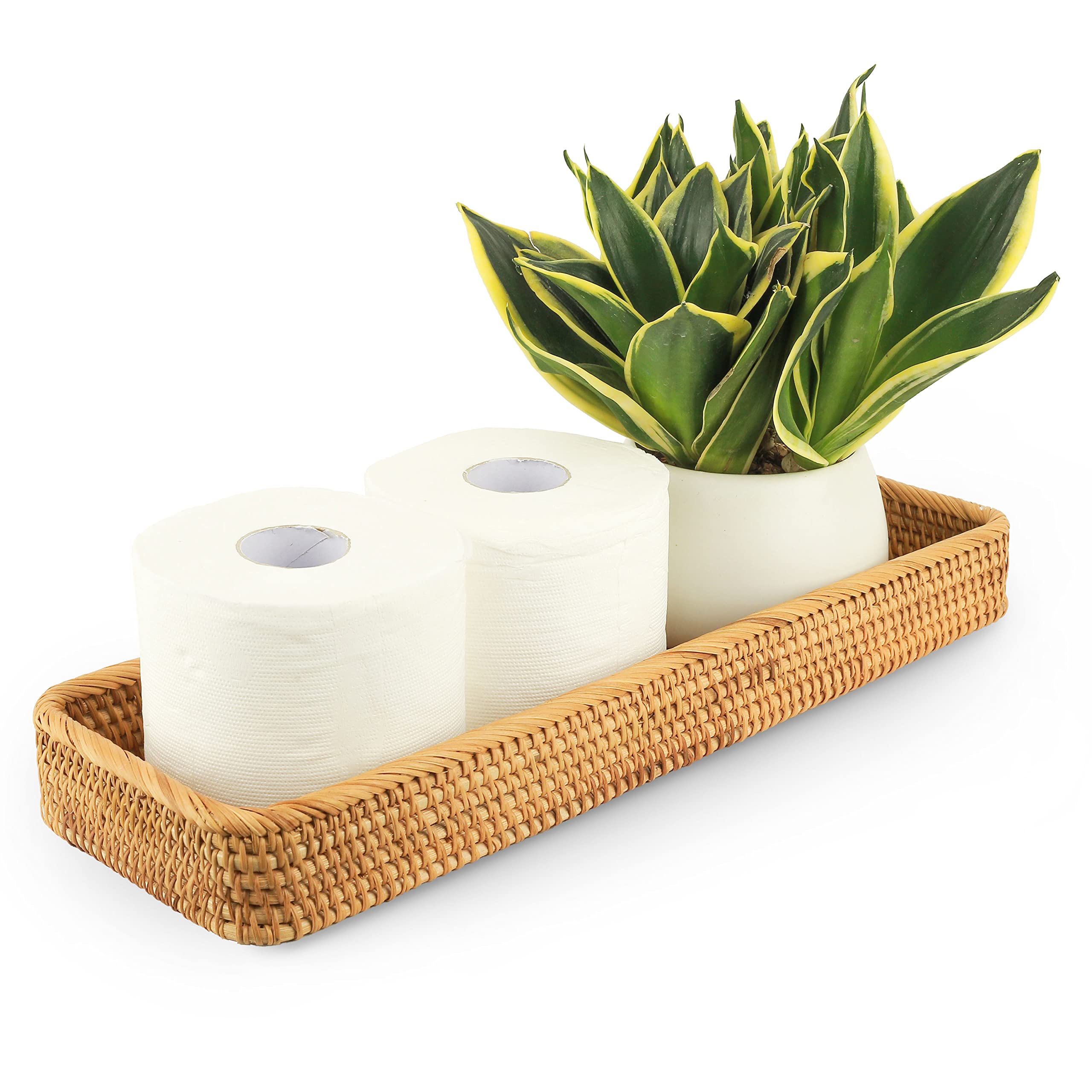 Rattan Toilet Tank Basket - Woven Wicker Tray for Bathroom Storage (17x6x2 inches, Honey Brown) | Decorative Towel Holder & Counter Organizer | Perfect for Guest Bathrooms, Bread Serving, and Shelf Decor