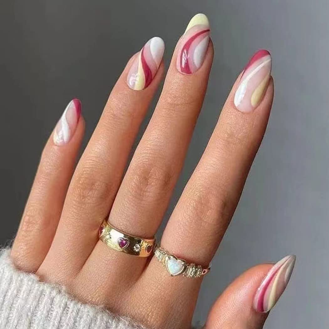 Short Almond Press on Nails - Glossy Pink Fake Nails with French Manicure Design & Abstract Swirl - 24Pcs Full Cover Stick on False Nails for Women - Perfect for Parties, Weddings & Daily Wear (Style D)