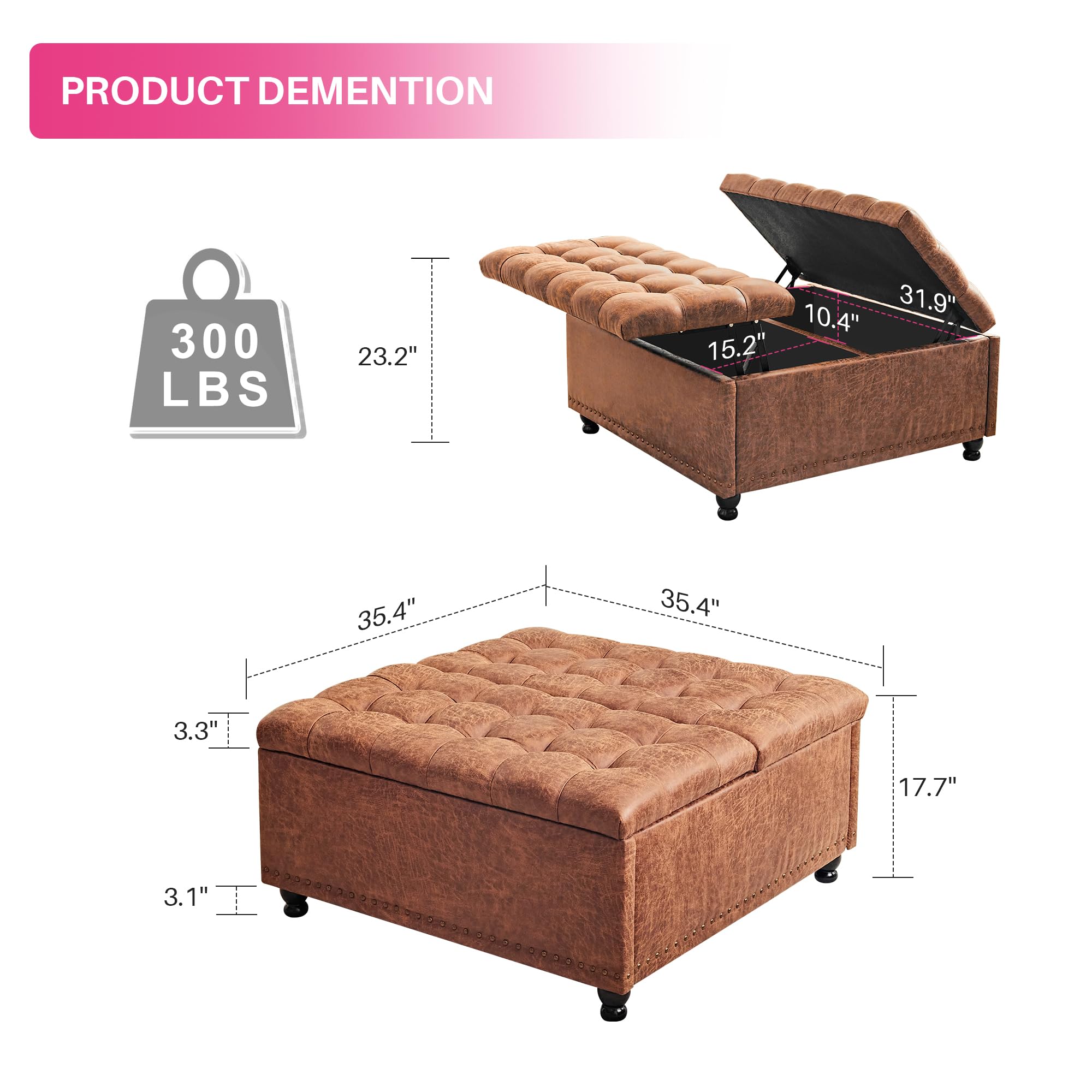 Redlife 35 Inch Large Square Storage Ottoman Bench with Lift Top - Tufted Coffee Table Ottoman for Living Room, Bedroom & Entryway - Brown Leathaire Fabric - Multi-Functional Storage Furniture for Shoes, Blankets & Home Decor