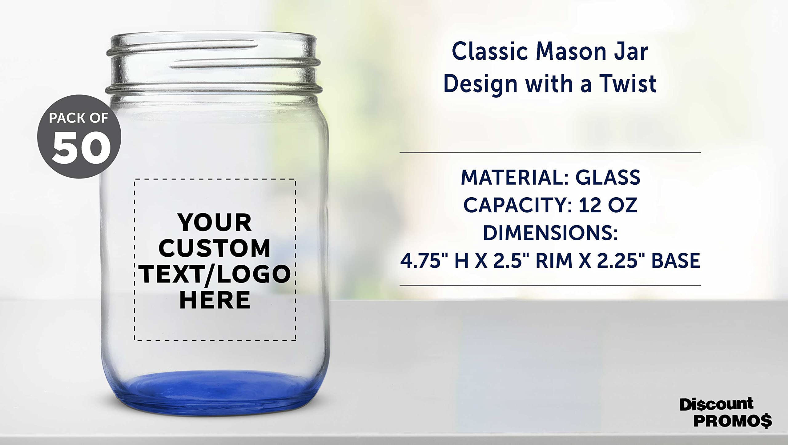 Customized 12 oz Mason Jars Bulk Pack (Set of 50) - Blue Glass Jars for Food Storage, DIY Crafts, Wedding Favors - Perfect for Overnight Oats, Candies, Pickling, Spices & Beverages - Great for Home, Kitchen, Party Decor & Gift Packaging