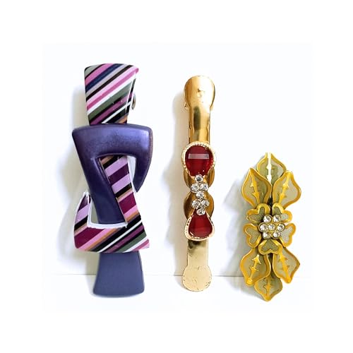 Barrette Hair Clips Set of 3 - Large Medium Small Size Hair Accessories for Women & Girls - Multi Color (Violet, Red, Yellow) - Perfect for School, Work, Parties & Everyday Styling