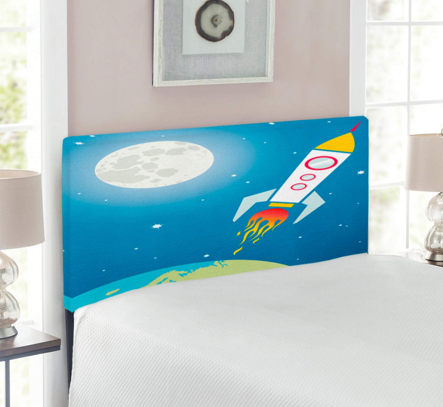 Lunarable Cartoon Headboard - Rocket Galaxy Astronaut Spaceship Design, Twin Size Upholstered Metal Bed Headboard with Memory Foam in Apple Green, Blue & Grey | Kids Room Decor, Space Themed Bedroom, Children's Bedroom Furniture for Space Lovers