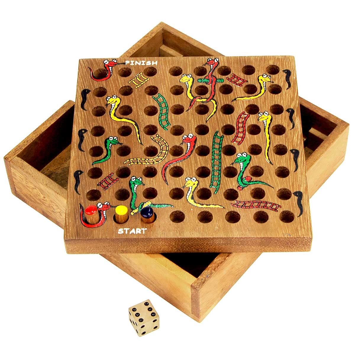 Premium Wooden Snakes and Ladders Board Game - Classic Strategy Game for 2-4 Players - Compact Travel Version - Perfect for Family Game Nights, Kids' Parties & Road Trips