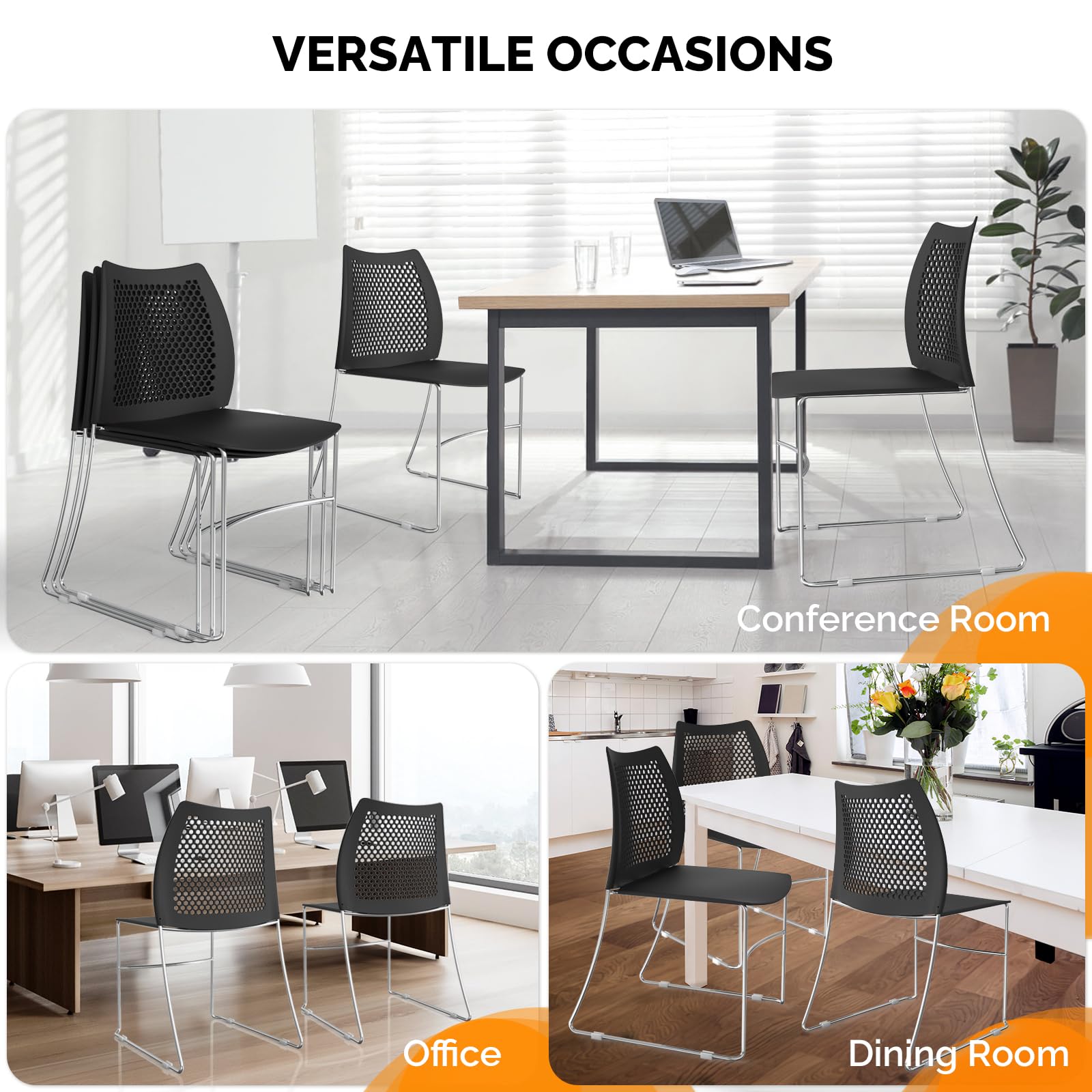 VINGLI 8-Pack Stackable Office Chairs - Heavy Duty Metal Sled Base with Ergonomic Plastic Seat & Ventilated Back - Perfect for Waiting Rooms, Break Rooms, Banquets & Guest Seating (Black) - Space Saving Stacking Design for Home & Commercial Use
