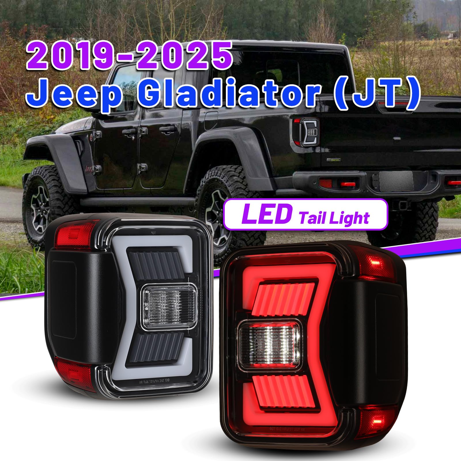AUTOWIKI LED Tail Lights for 2019-2025 Jeep Gladiator JT - Glossy Black Clear Lens with Sequential Turn Signal - 1 Pair Rear Lamps Replacement - Perfect for Off-Roading & Night Driving