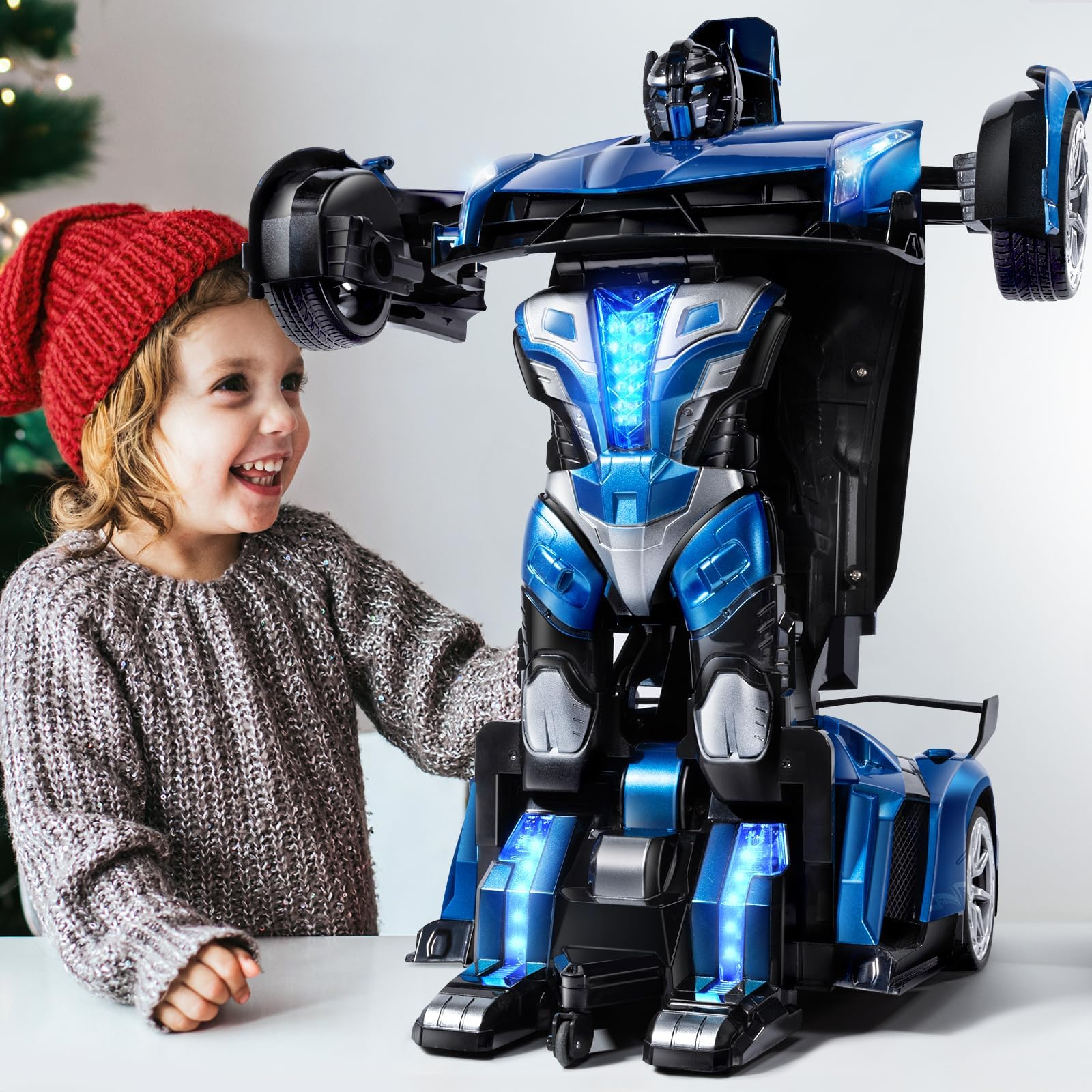 V991 1:10 Scale Transformable Remote Control Car - 2.4GHz Gesture Sensing & One-Key Deformation RC Toy with 2 Rechargeable Batteries (70 Min Playtime) - Best Robot Gift for Boys & Girls (Blue) - Perfect for Indoor Play, Outdoor Racing & STEM Learning