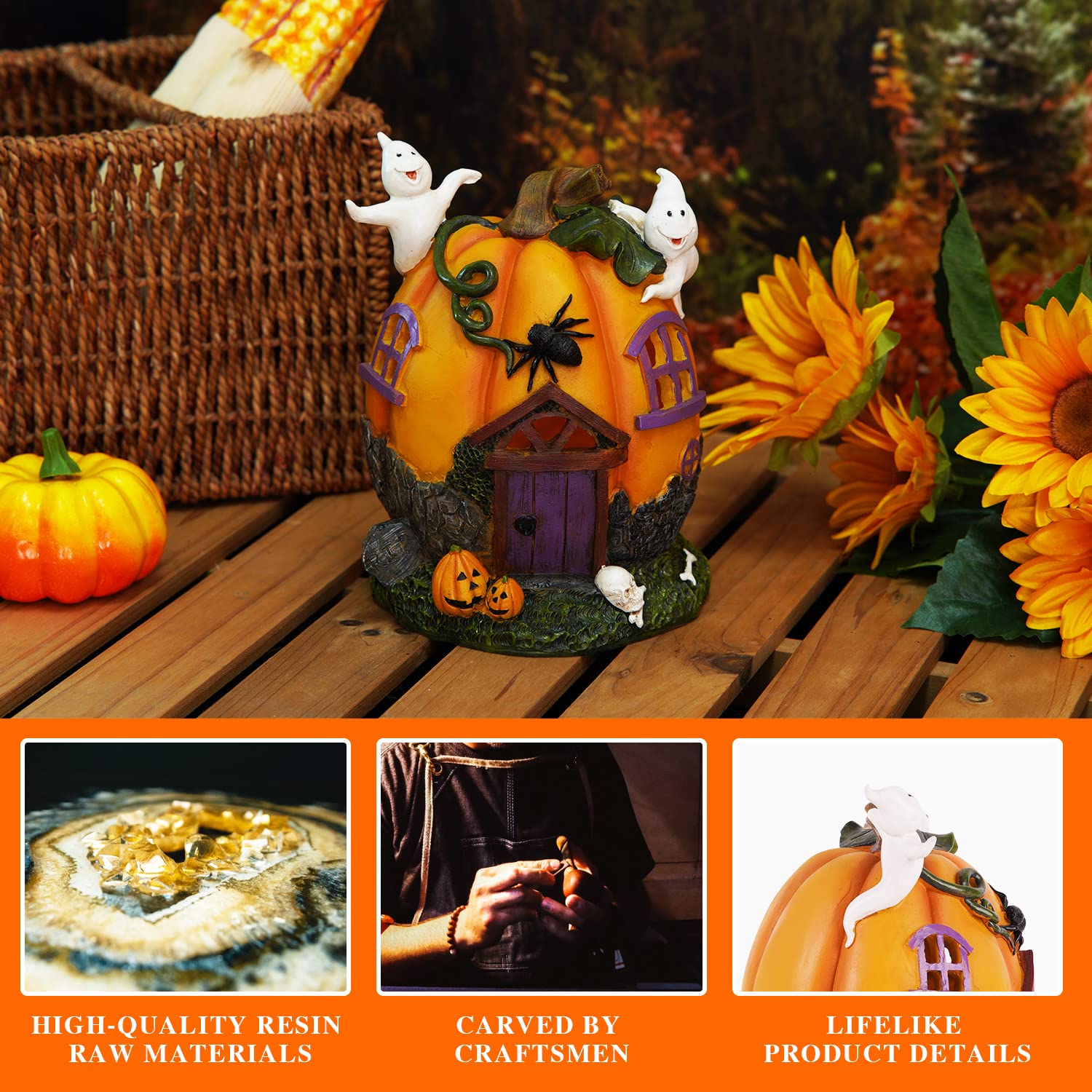Topadorn Halloween Pumpkin House Figurine with Ghost - Spooky LED Lighted Haunted House Decor for Table, Garden, Yard - Perfect for Halloween Party, Home Decoration & Outdoor Scary Display