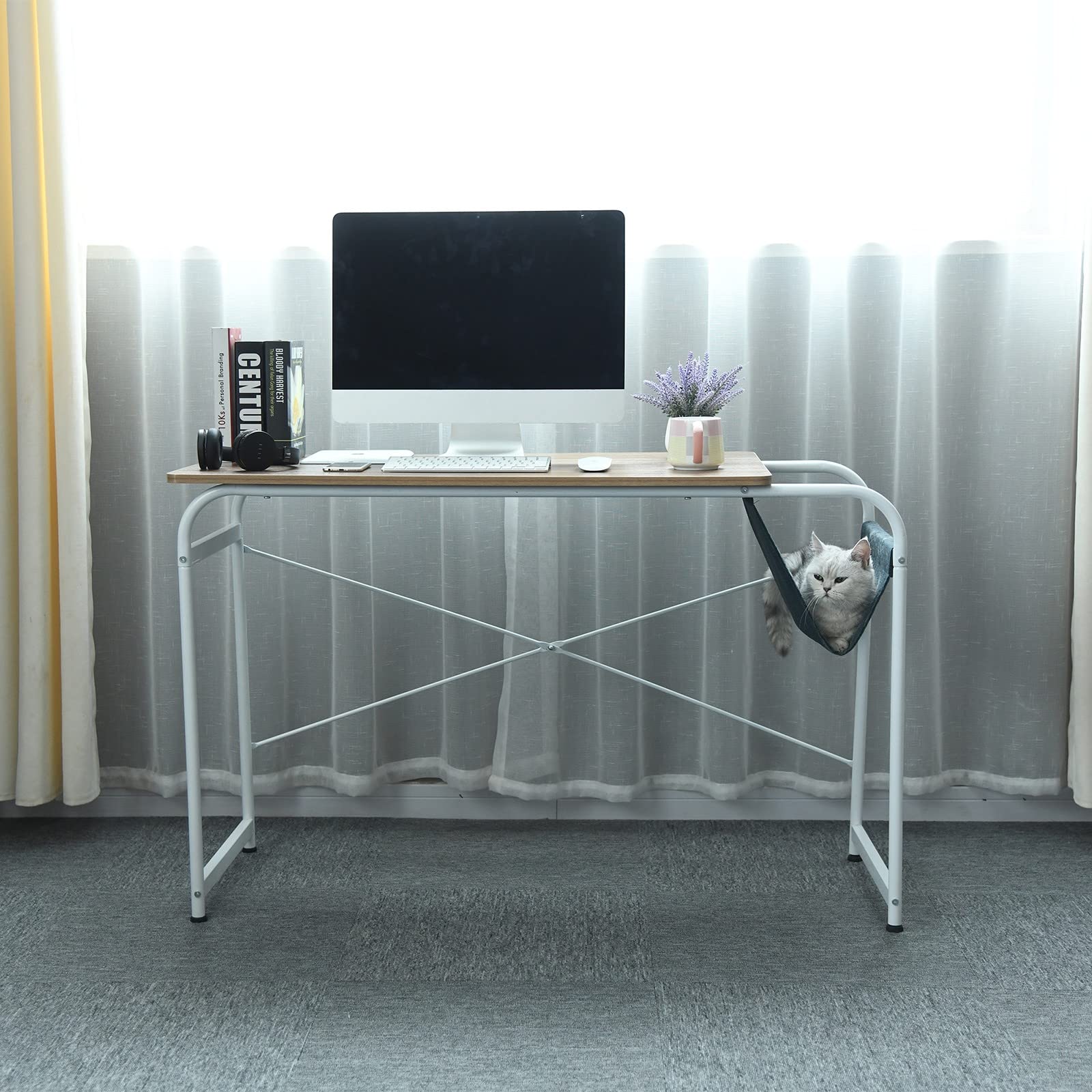 Stylish Wooden Farmhouse Home Office Desk with Cloth Storage Bag - Large Computer Work Desk for Home Office, Study & Remote Work - Perfect for Small Spaces & Modern Workspaces