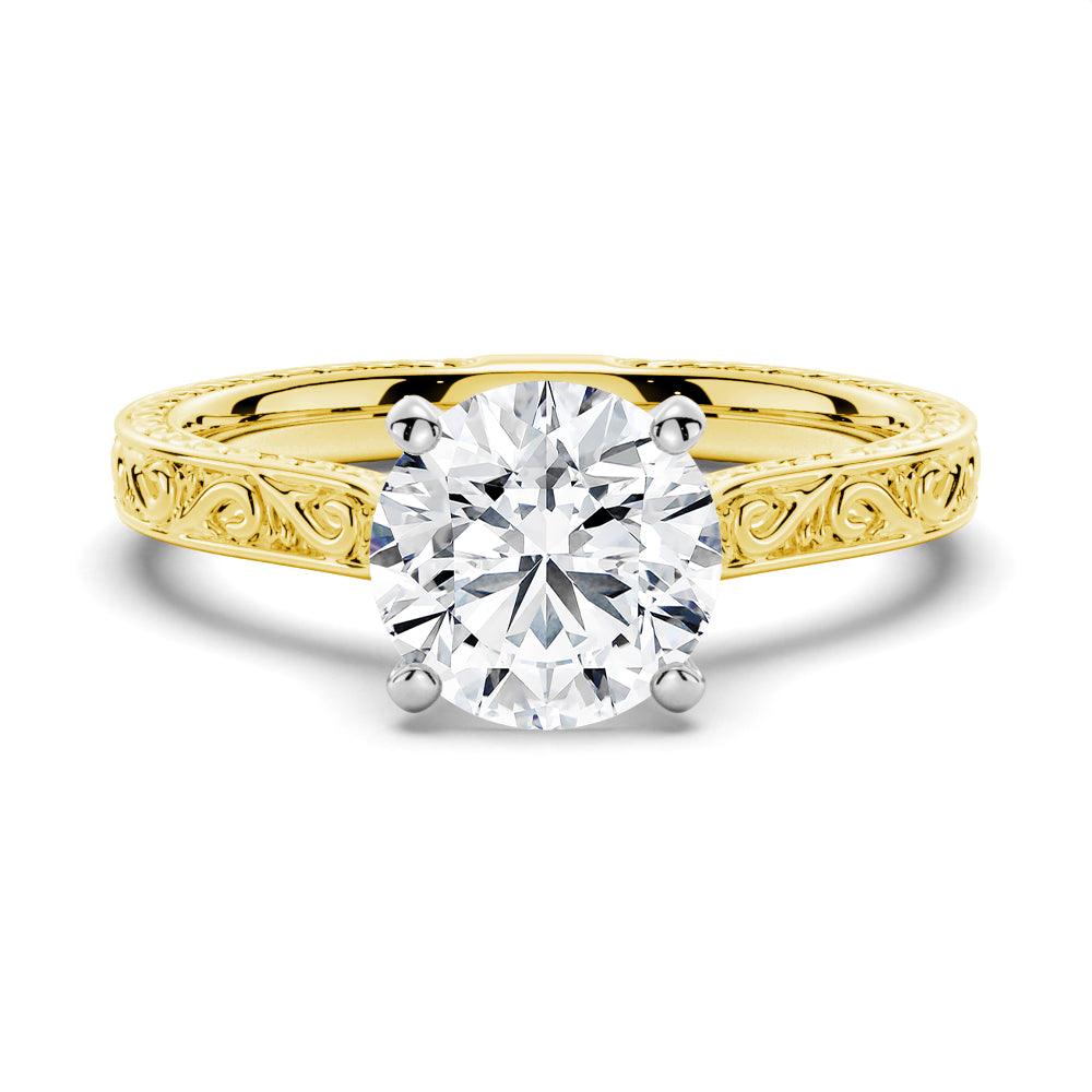 Vintage Two Tone Round Moissanite Engagement Ring With Milgrain Edges - Elegant Wedding Jewelry for Proposal, Anniversary & Special Occasions