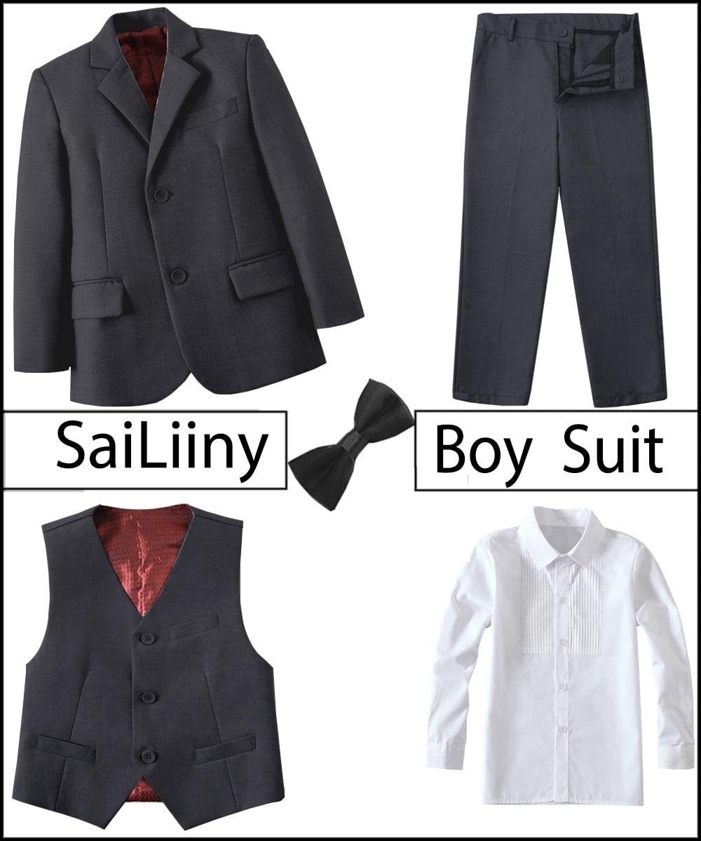 Boys 5-Piece Slim Fit Suit Set - Blazer & Pants in Black & Blue | Formal Wedding Outfit for Kids | Perfect for Weddings, Parties & Special Occasions