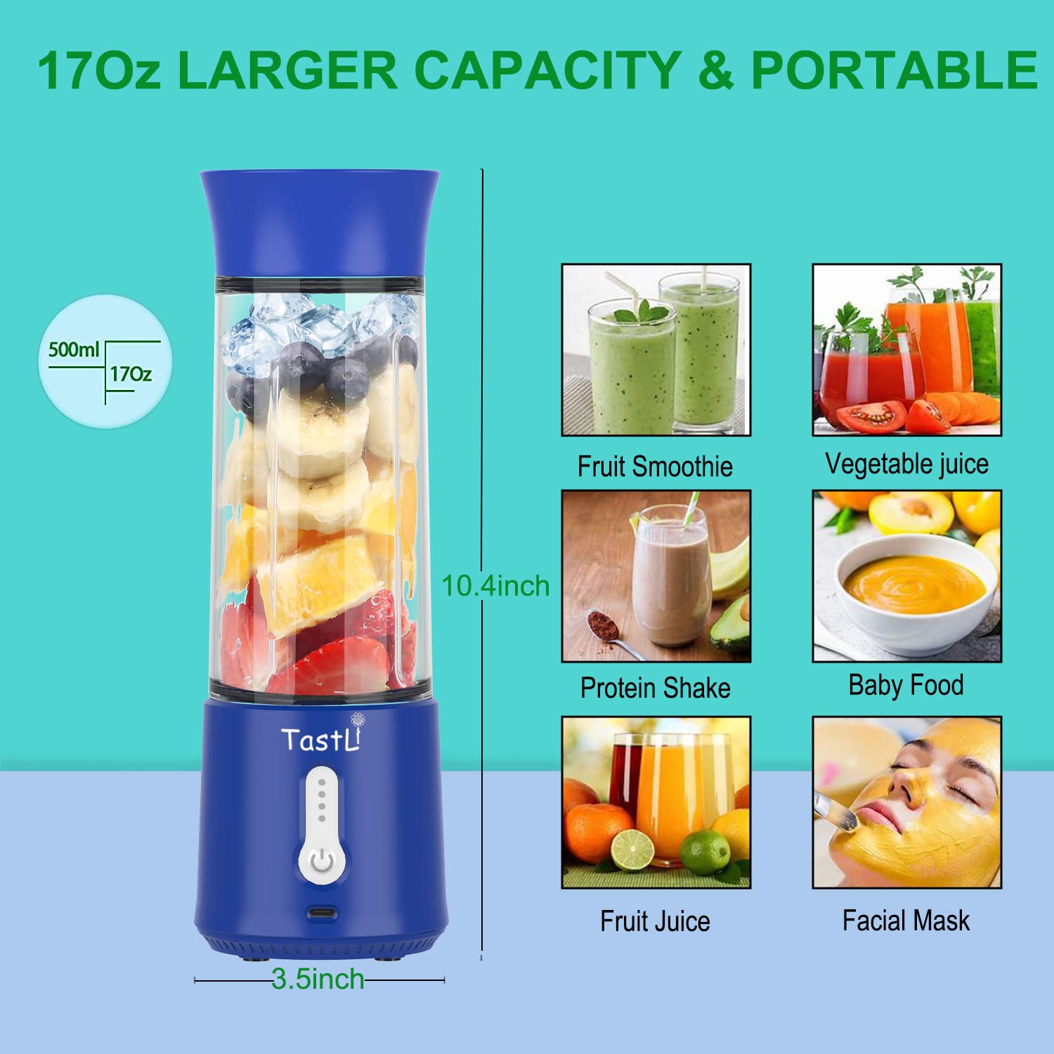Portable Blender Cup - 17oz USB Rechargeable Cordless Personal Smoothie Blender for Shakes, Juices & Protein Drinks | Waterproof Mini Electric Fruit Juicer (Dark Blue) | Perfect for Gym, Travel, Office & Home Use