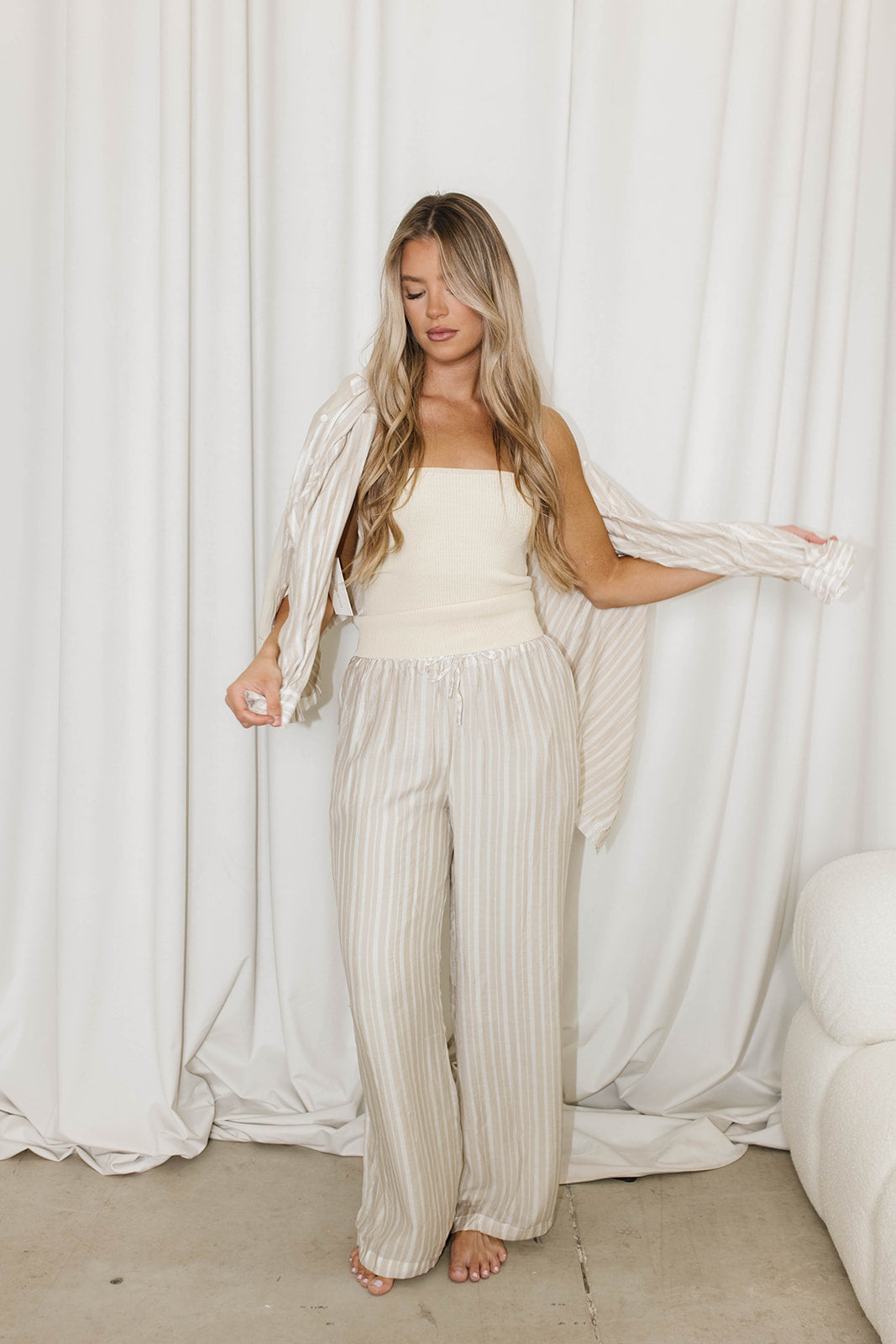 Sloane Striped Nursing-Friendly Button Down Shirt & Pants Set in Natural - Comfortable Maternity Outfit for Breastfeeding Moms