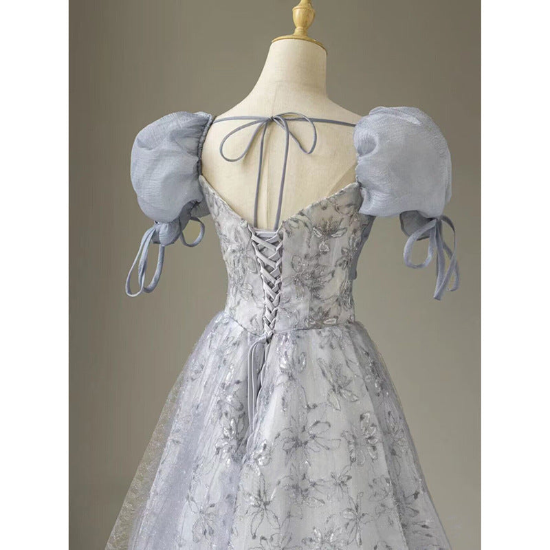 Elegant Floral Printed Long Prom Dress - A-Line Puff Sleeves Blue Party Gown for Women | Formal Evening Gown for Prom, Homecoming, Wedding & Special Occasions