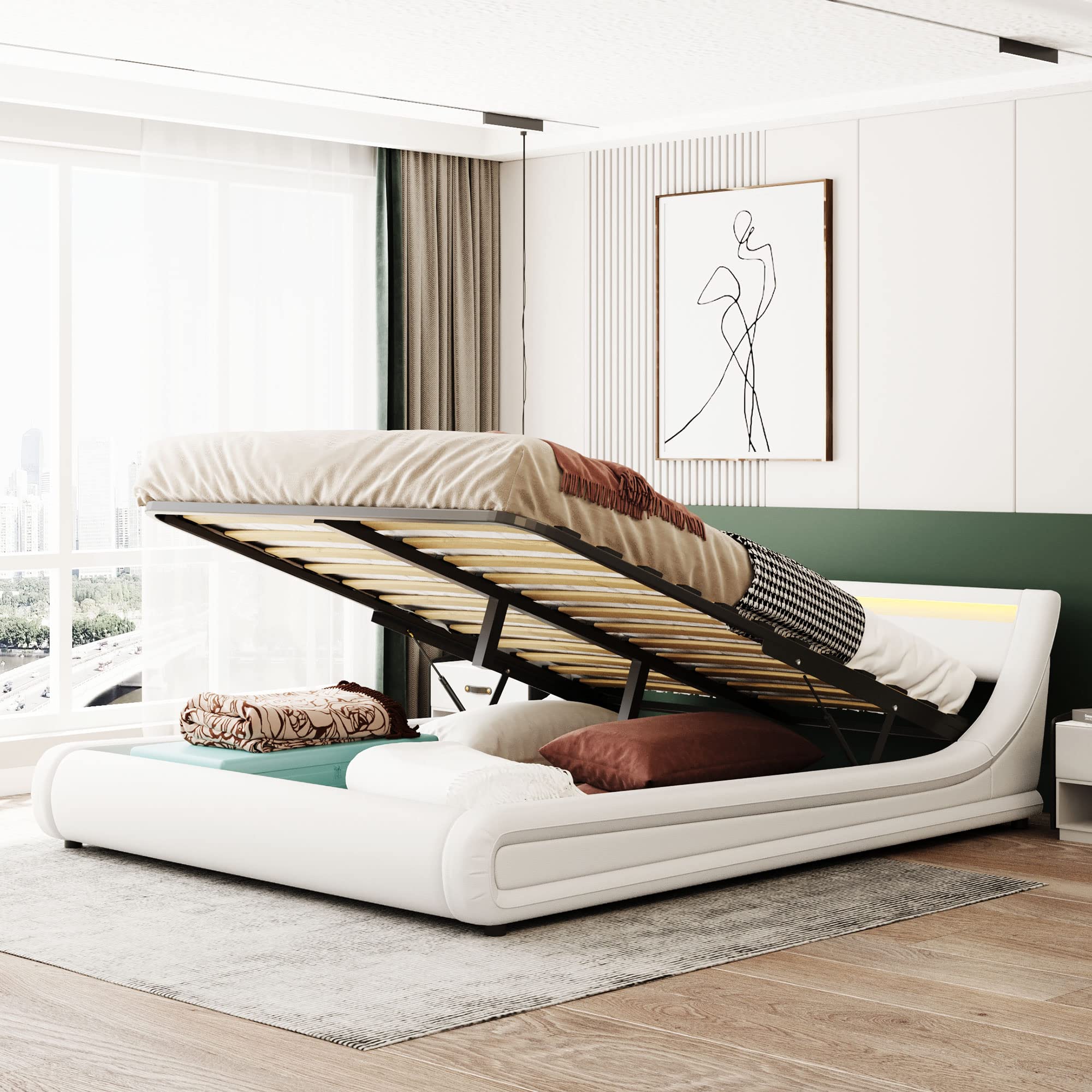 Modern Gas Lift Storage Bed with LED Headboard - Upholstered Leather Platform Bed with Hydraulic Storage System, Queen Size - Perfect for Small Bedrooms, Guest Rooms & Modern Apartments