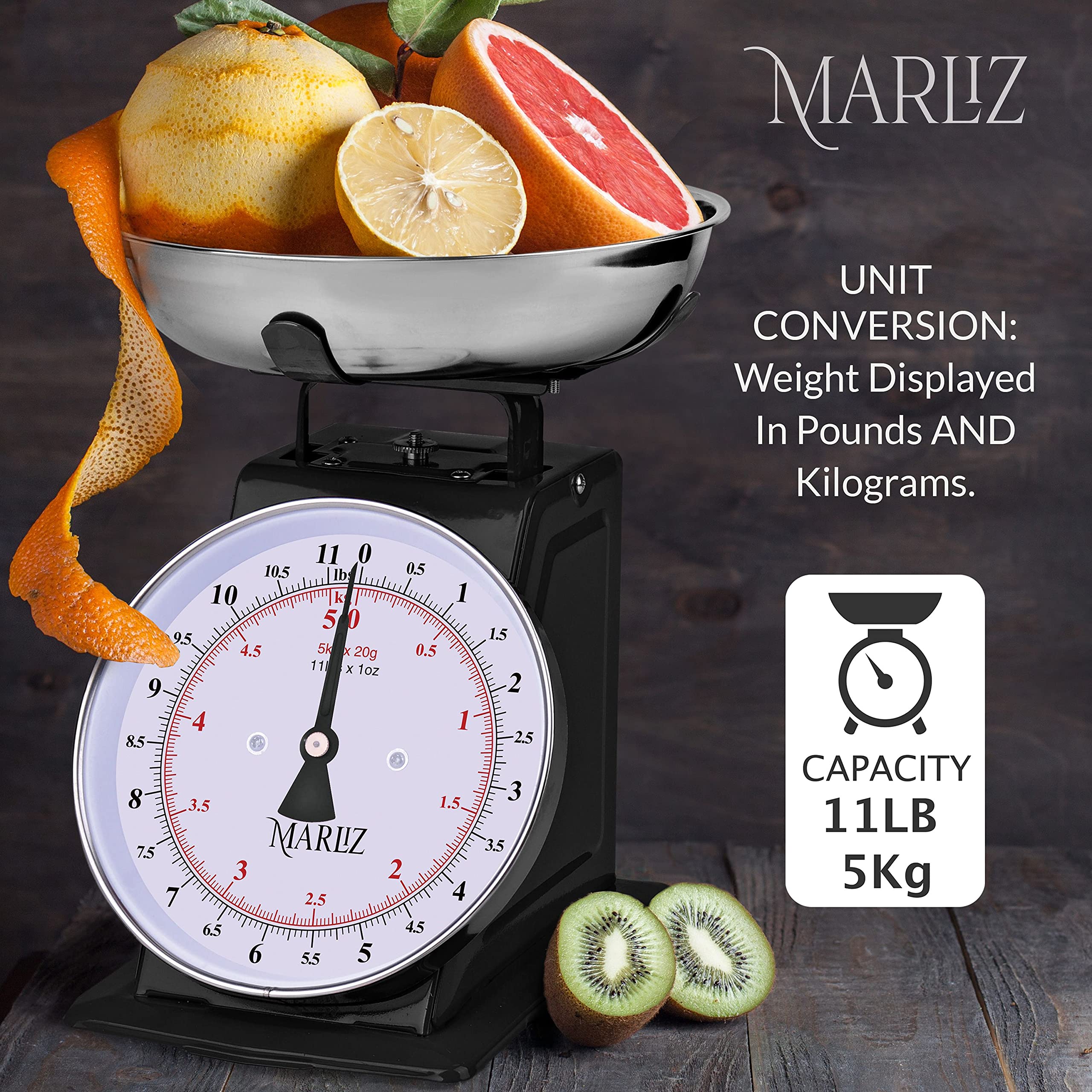 Vintage MARLIZ Kitchen Scale 11Lb/5Kg with 2 Bowls - Mechanical Dial Food Scale for Baking, Cooking & Meal Prep | Black Baker's Scale for Home & Professional Kitchens