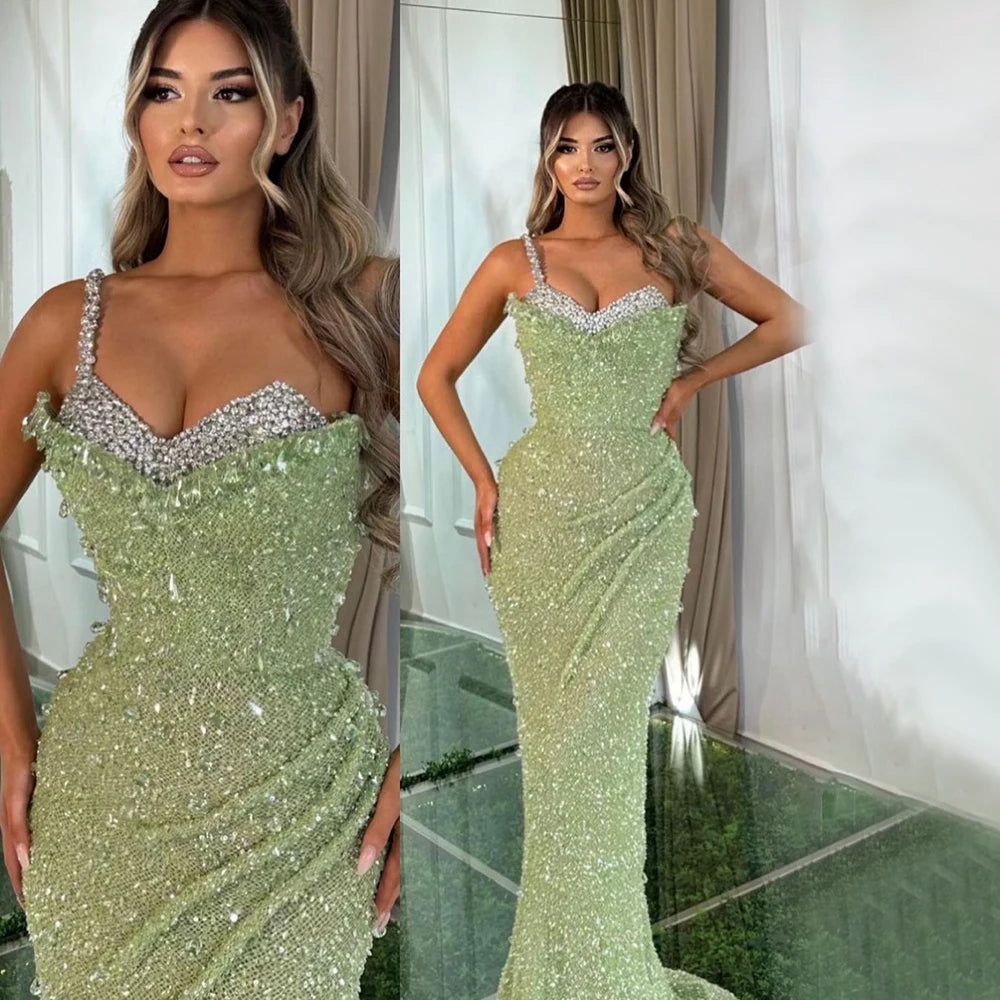 Serene Hill Sage Green Mermaid One Shoulder Beaded Crystal Luxury Evening Gown for Women - Dubai Party Dress 2025 LA72419 | Perfect for Galas, Red Carpet Events & Formal Occasions