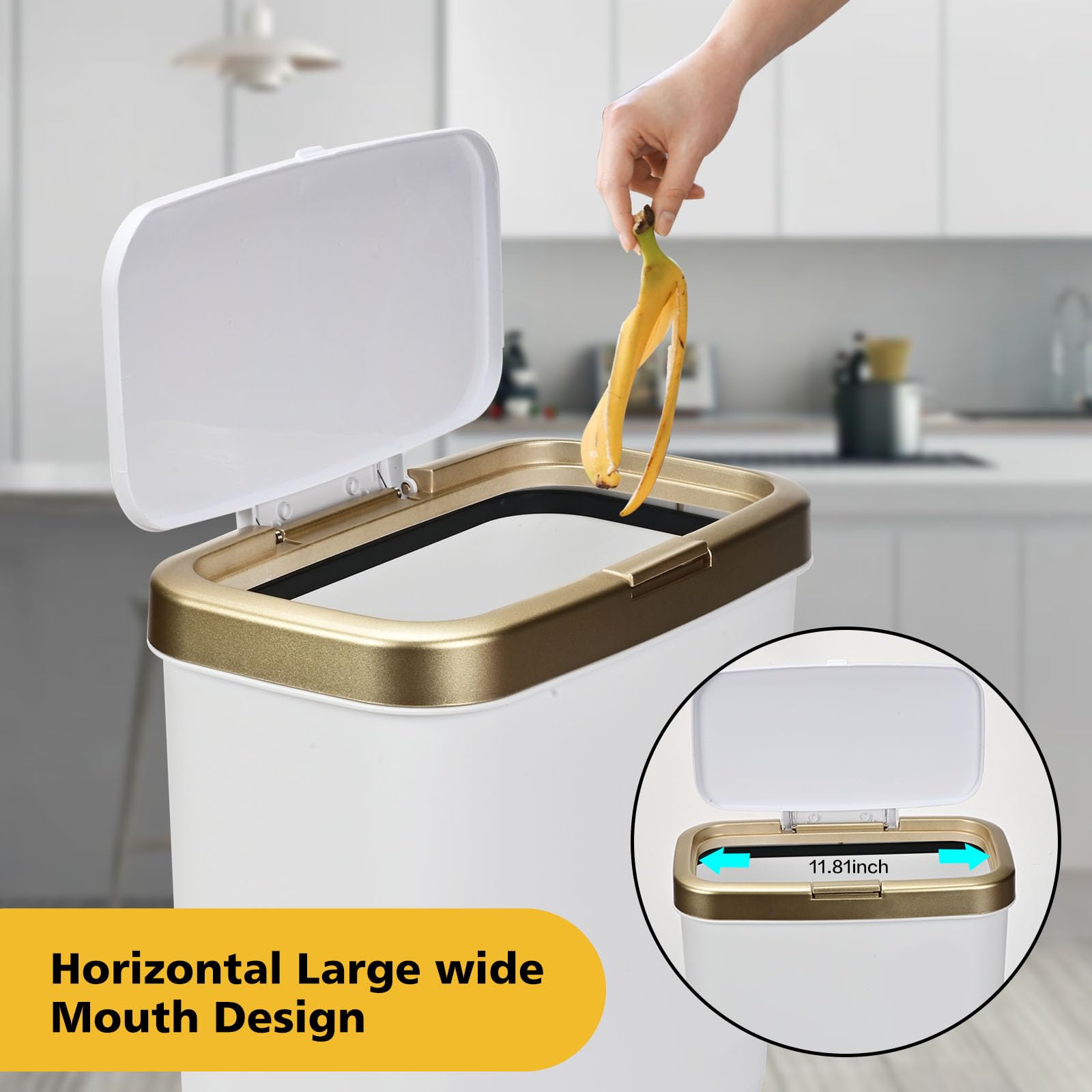 4 Gallon Slim Gold Bathroom Trash Can with Lid - Modern White Plastic Waste Basket with Legs for Kitchen, Bedroom, Living Room & Office | Perfect for Small Spaces & Home Decor