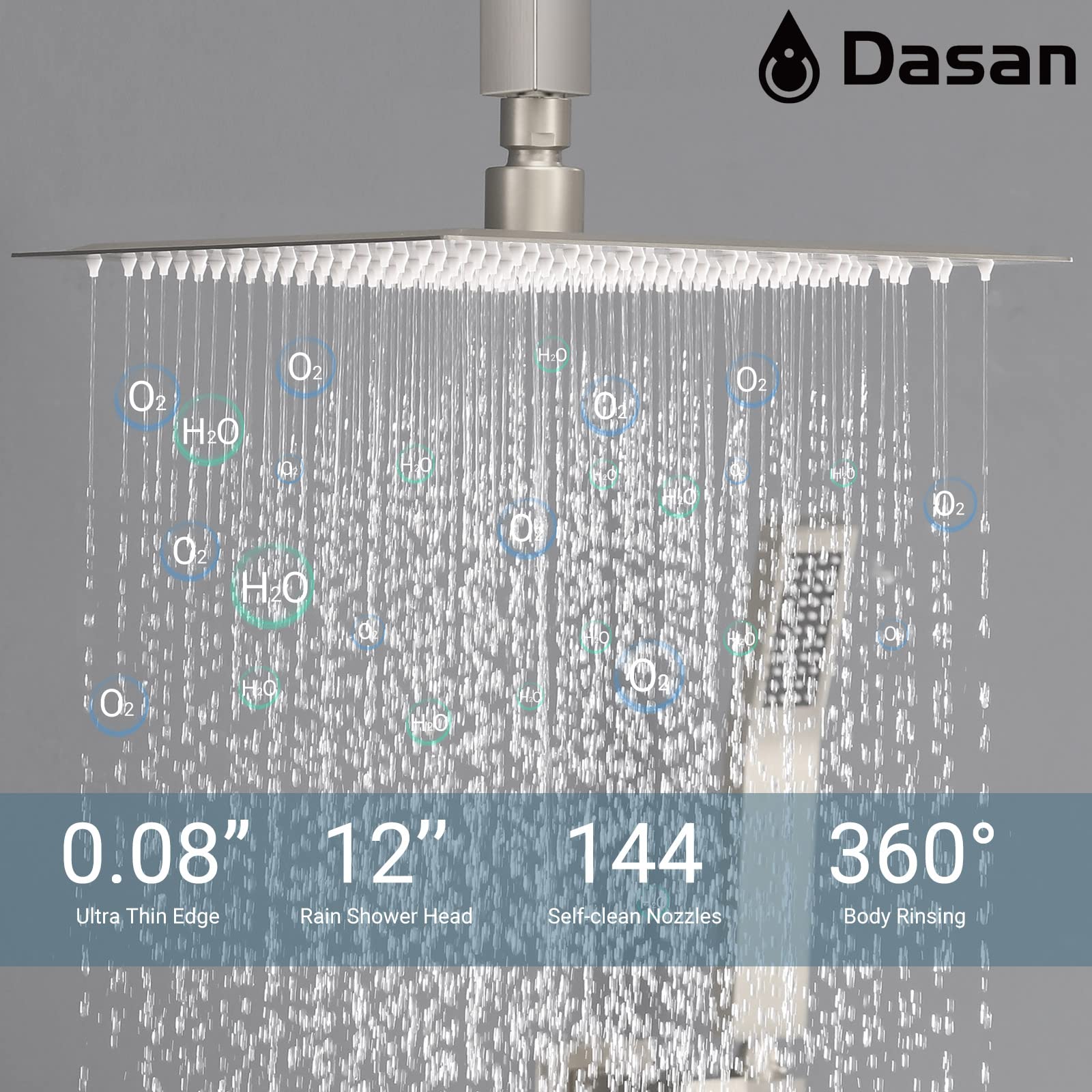 Premium DASAN Full Body Shower System - 6 Body Spray Jets, 12'' Rain Shower Head & Handheld Shower - Brushed Nickel Ceiling Mount Shower Faucet Set with Valve (SA-SS03ABN-S12C) - Perfect for Spa-Like Luxury Bathroom Experience
