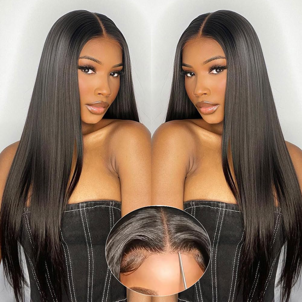 Wear and Go Glueless Human Hair Wigs for Women - 6x4 Straight Lace Front Wig with Pre Plucked & Pre Cut HD Lace, 180% Density, 24 Inch Natural Black - Perfect for Daily Wear, Parties, and Special Occasions